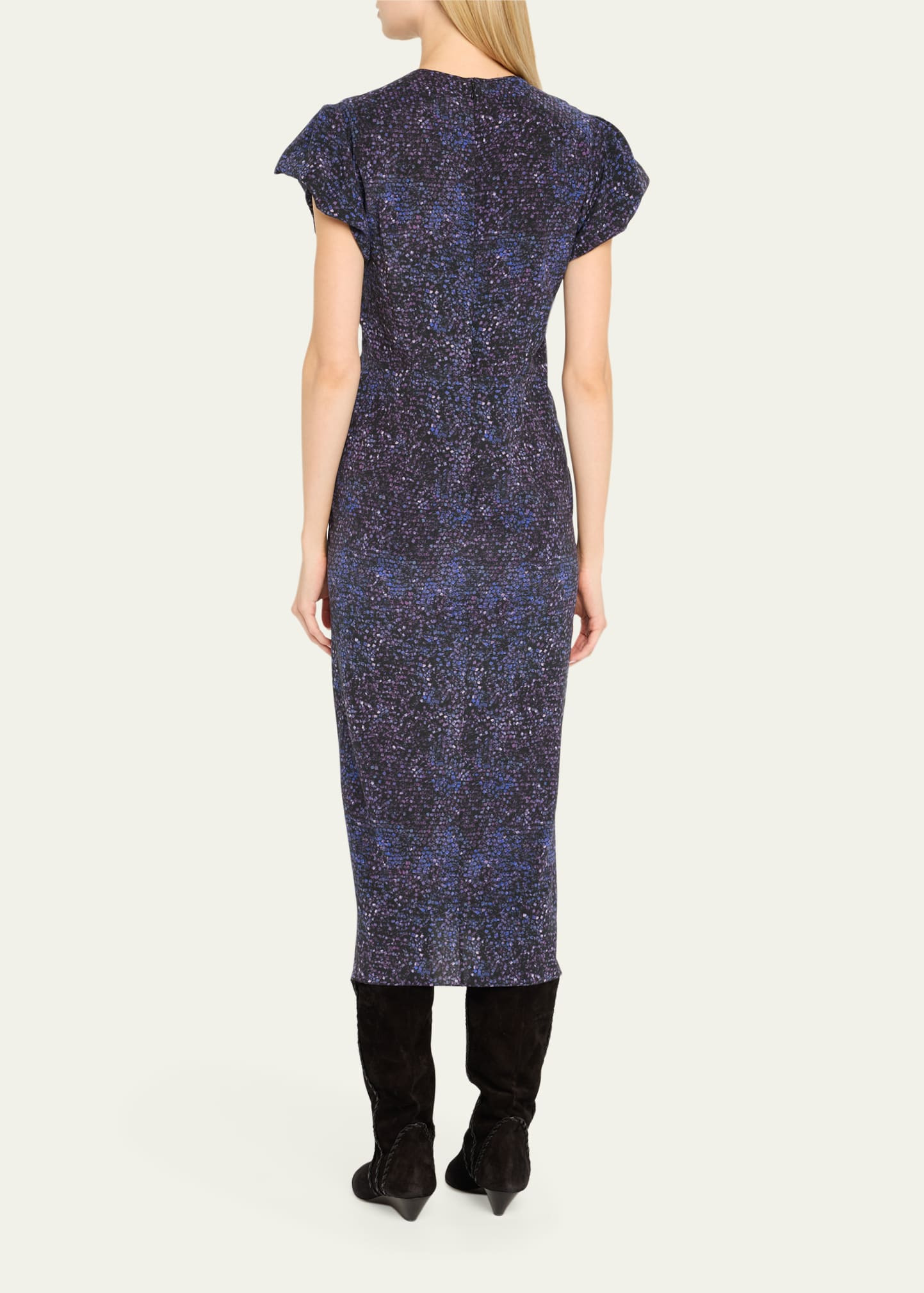 Terena Mosaic Stretch Silk Puff-Sleeve Midi Dress - 3