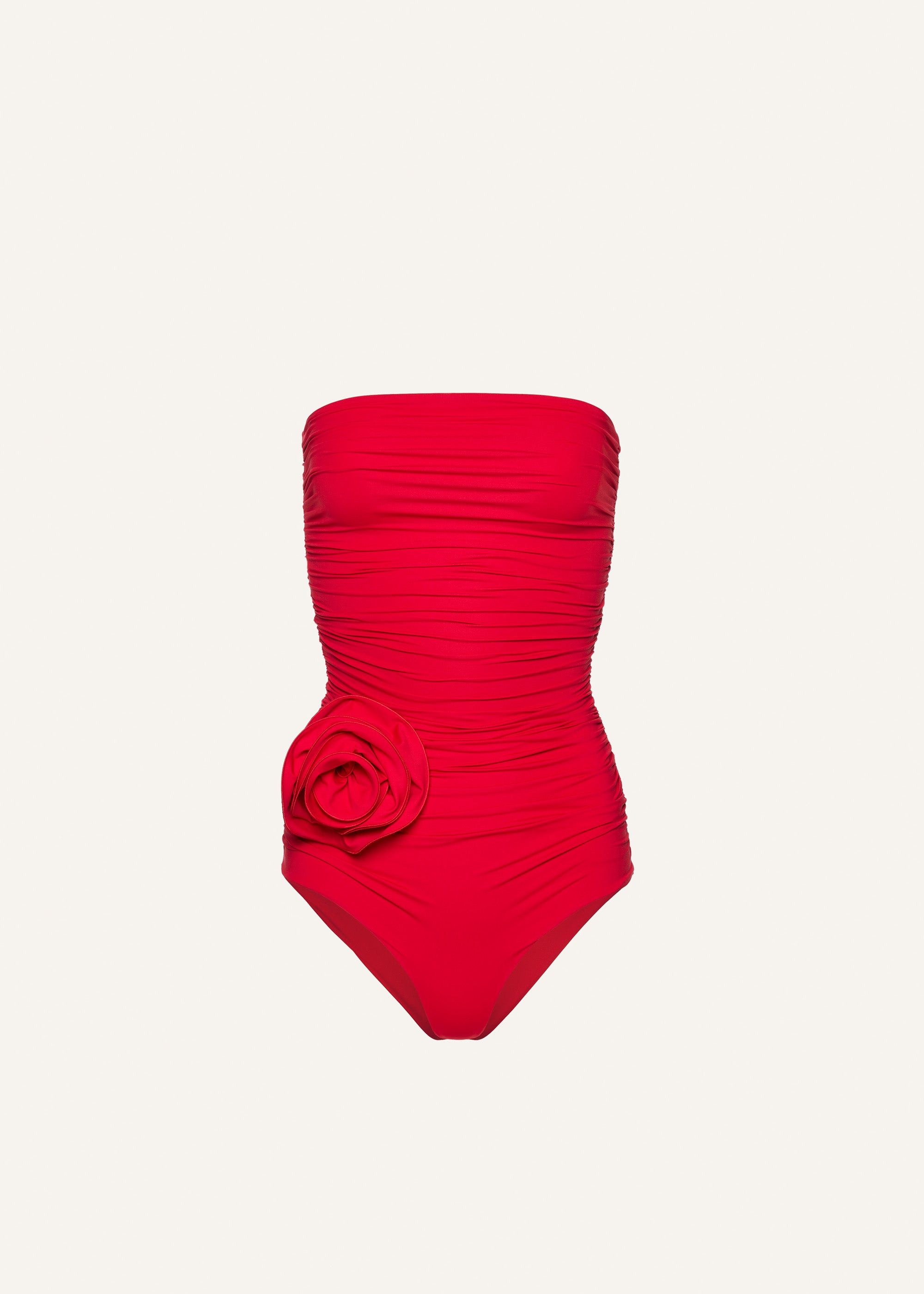 Flower appliqué strapless draped swimsuit in red - 1