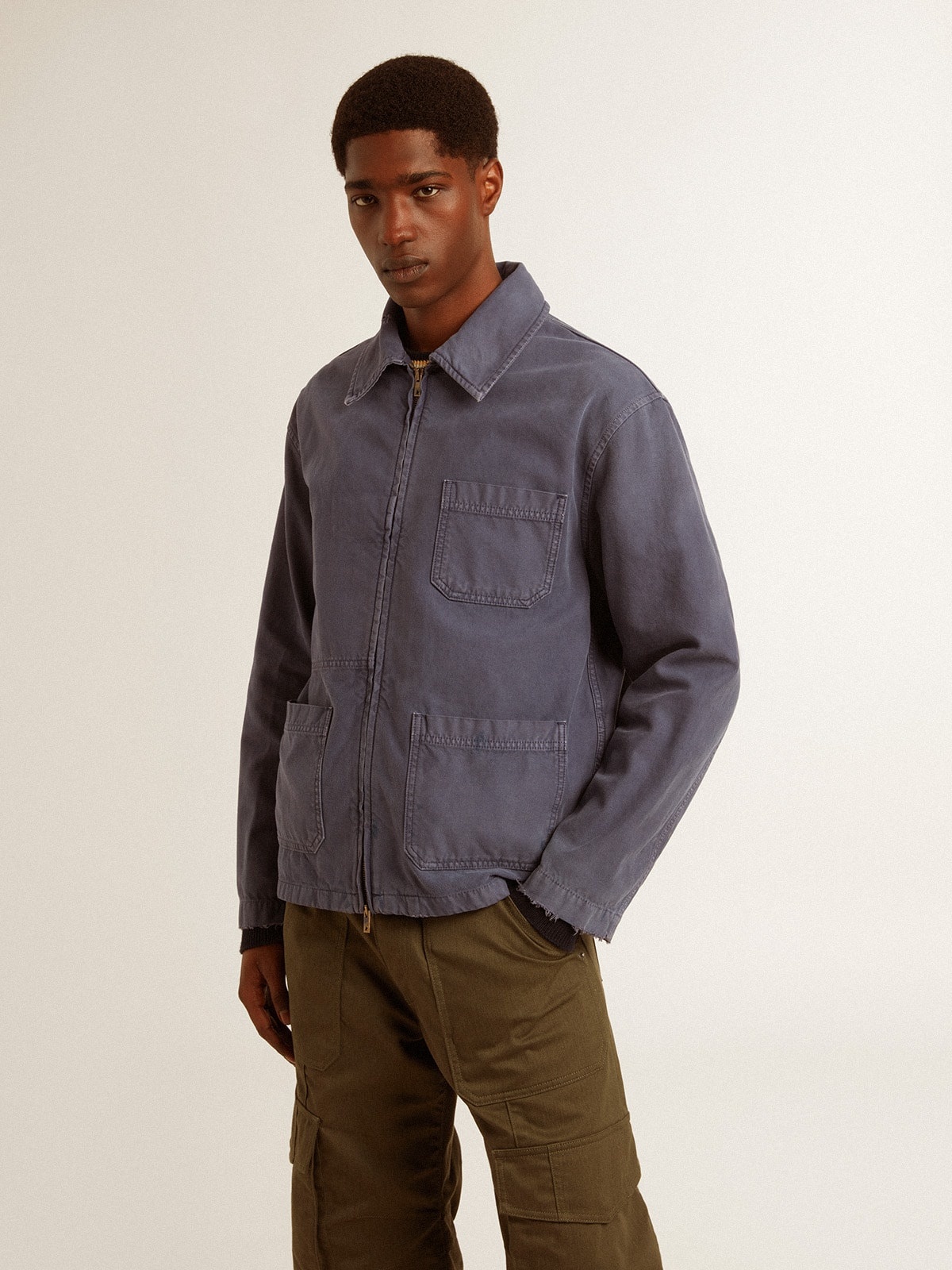 Men's blue jacket in denim cotton with distressed treatment - 2