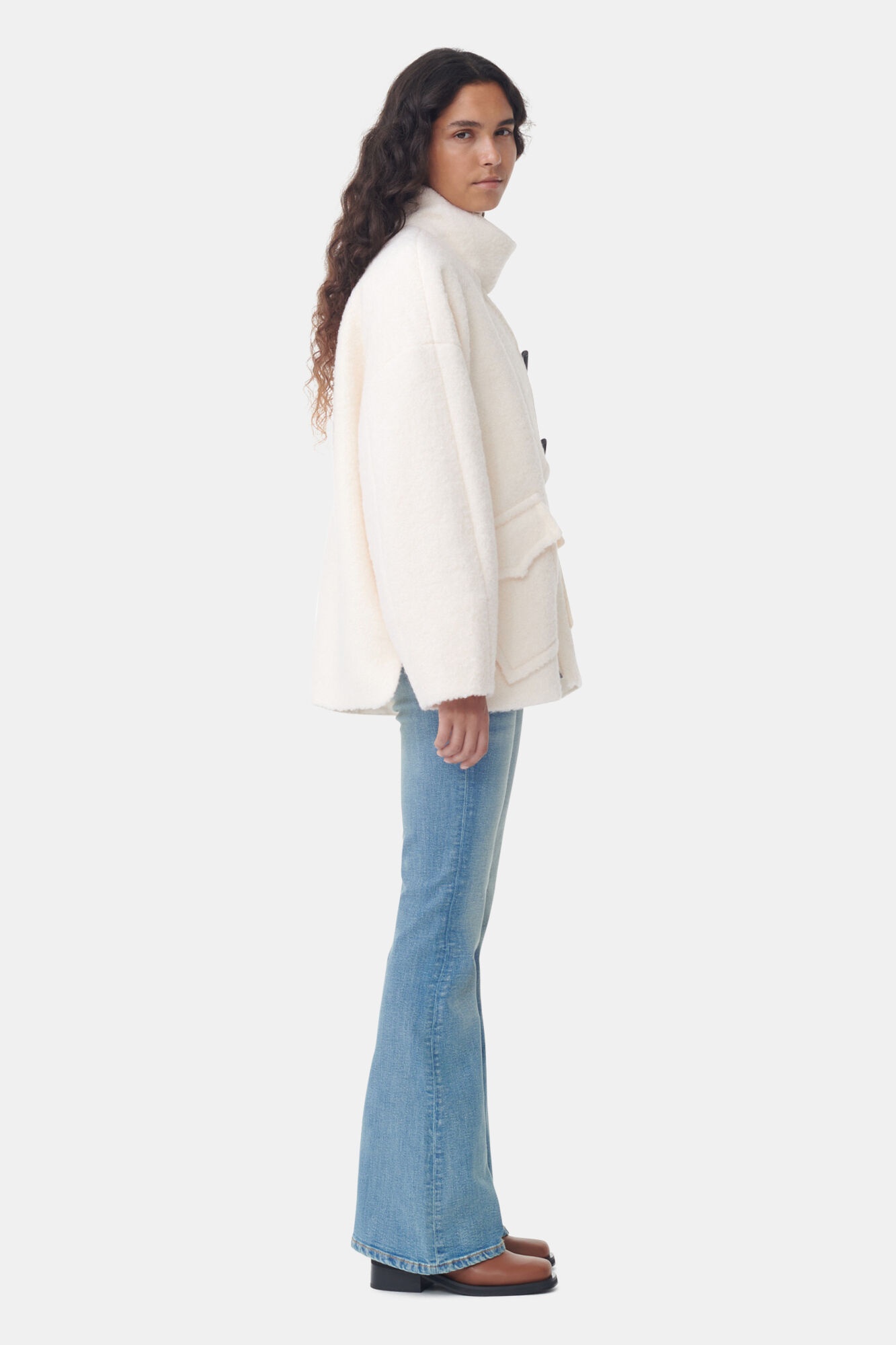 WHITE BOUCLE WOOL SHOULDER JACKET - 4