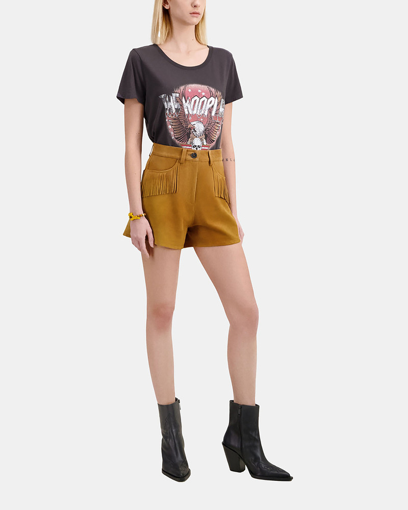 CAMEL LEATHER SHORTS WITH FRINGES 3
