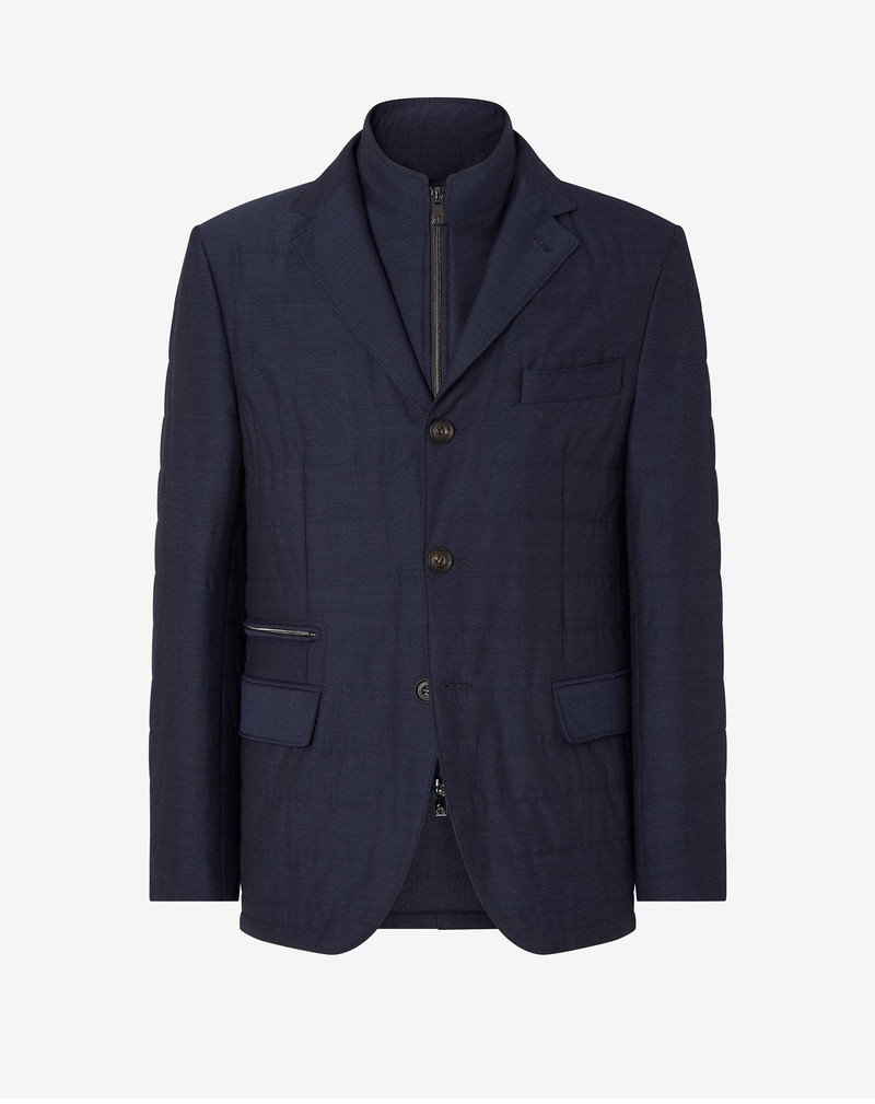 Blue stretch technical wool jacket with detachable vest 1