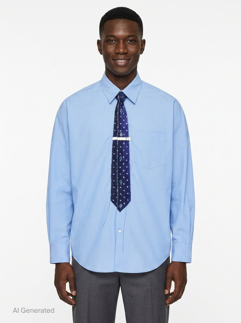Trompe L'Oeil Tie Embroidery Long Sleeve Shirt 4