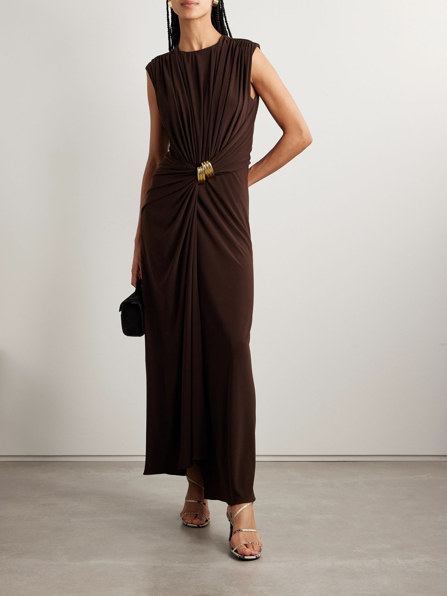 The Serena embellished gathered stretch-jersey gown Dark brown - 2