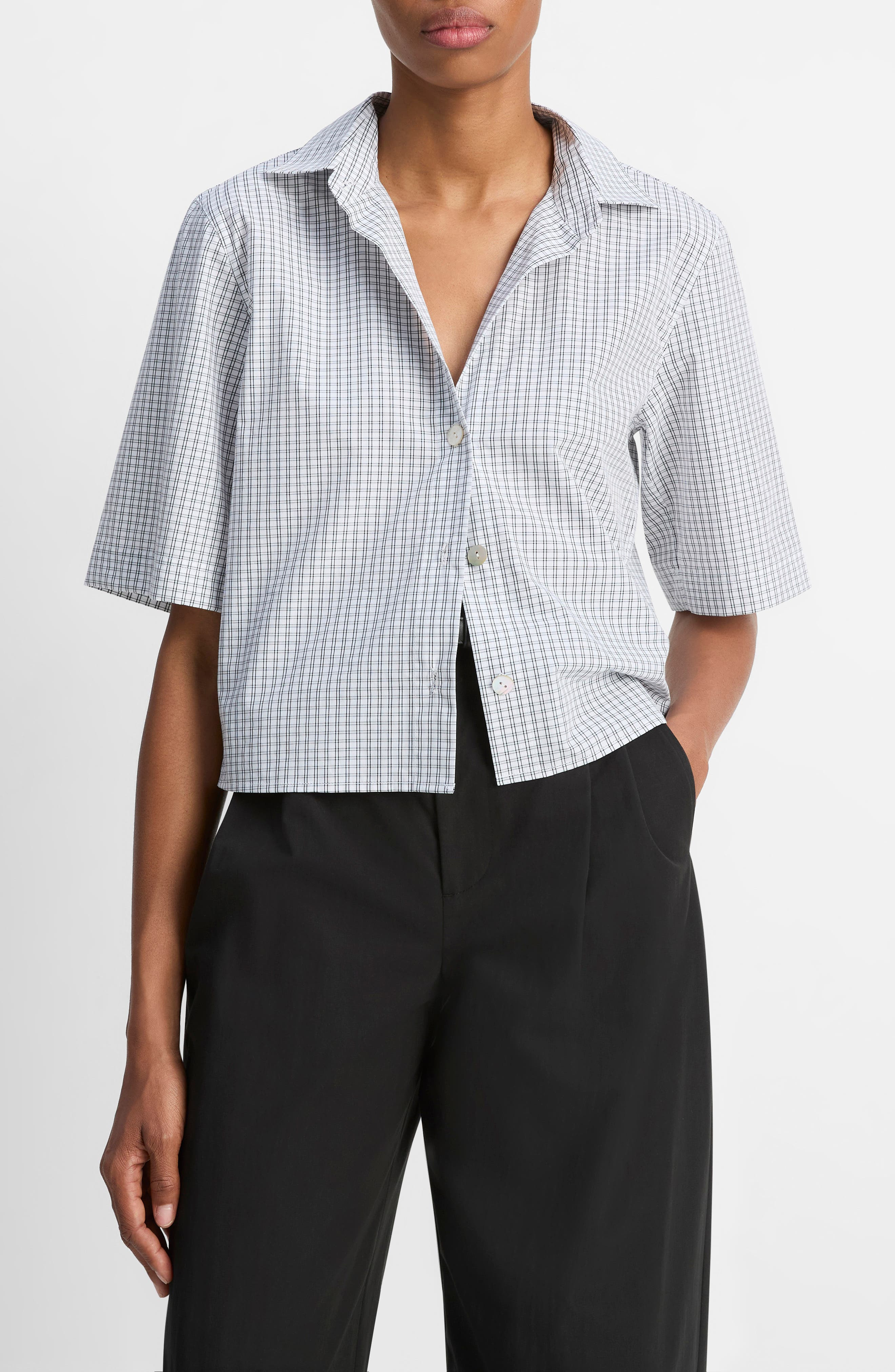 Vince Check Cotton Crop Button-Up Shirt in Off White/Coastal at Nordstrom - 1