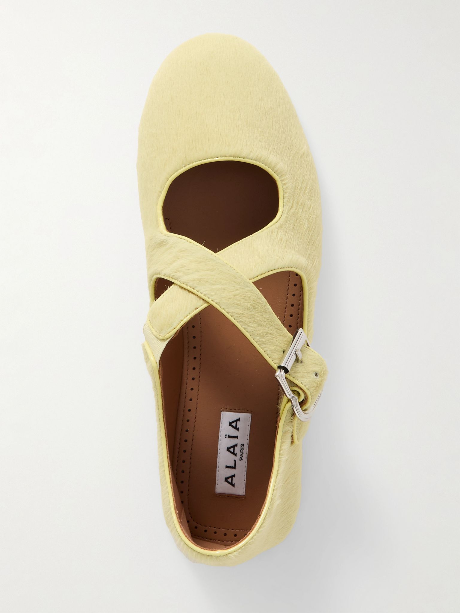 Criss Cross leather-trimmed calf hair ballet flats Yellow - 5