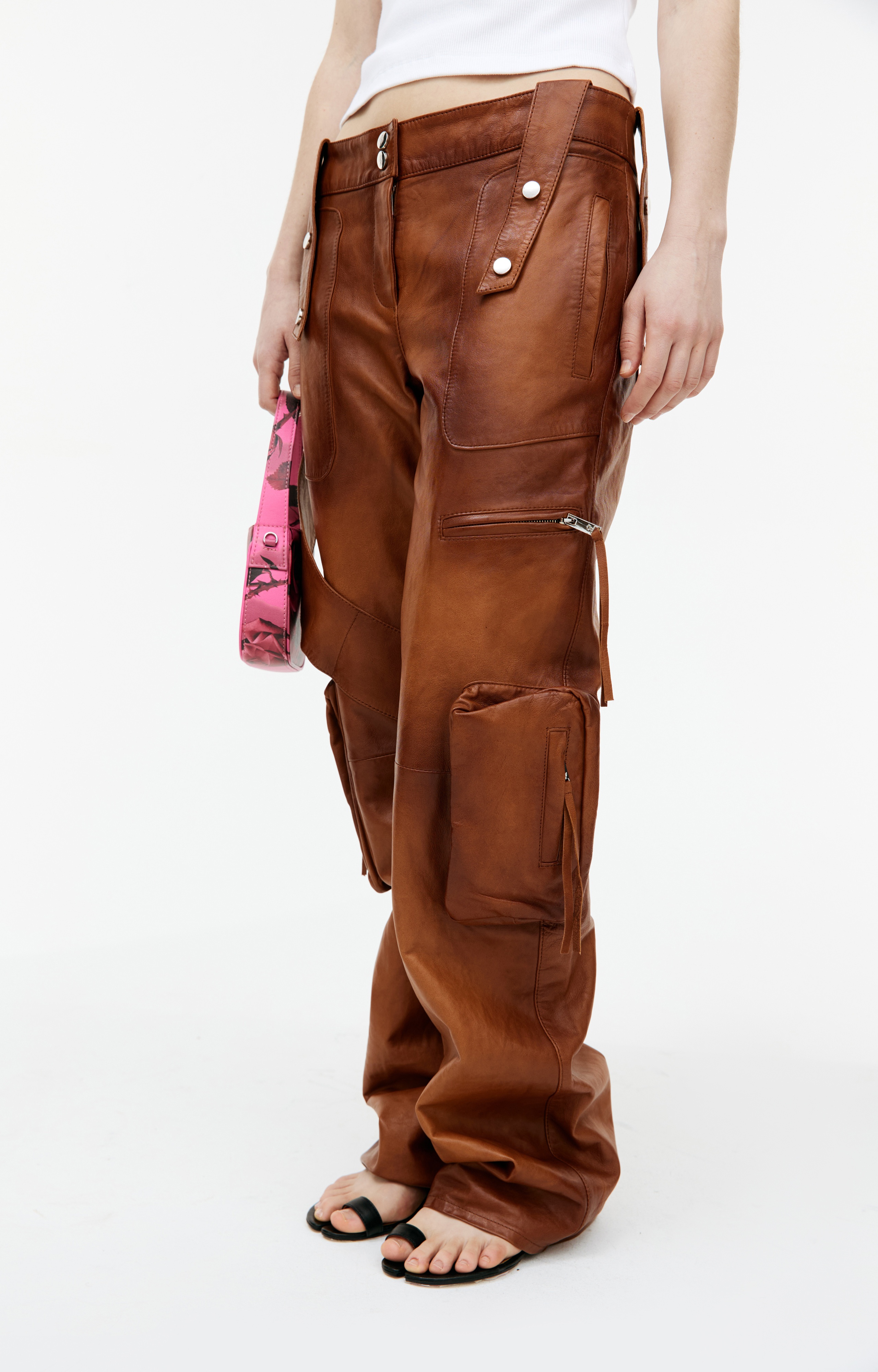 BROWN LEATHER CARGO TROUSERS - 5