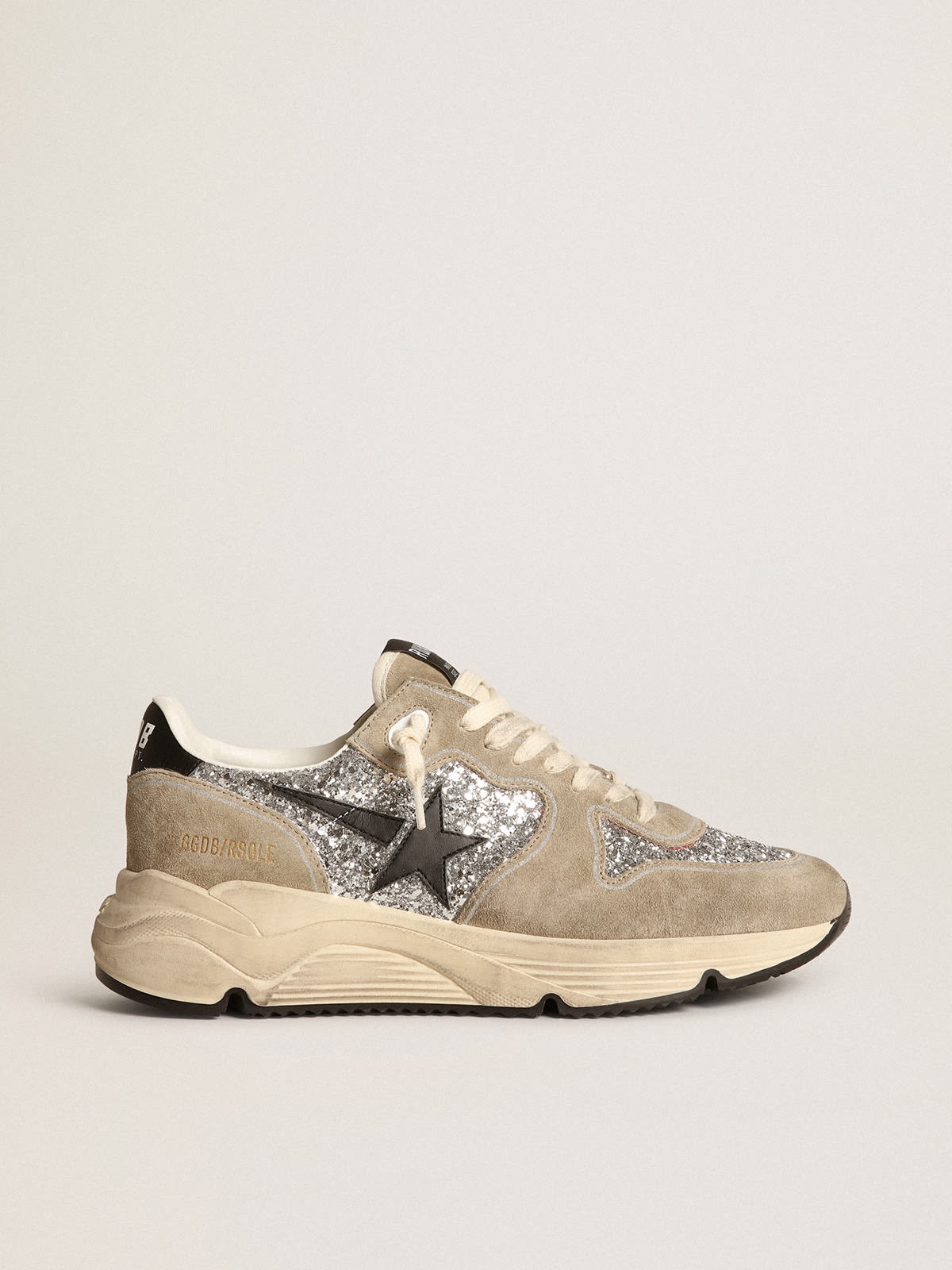 Running Sole sneakers in silver glitter and dove-gray suede with black leather star - 1