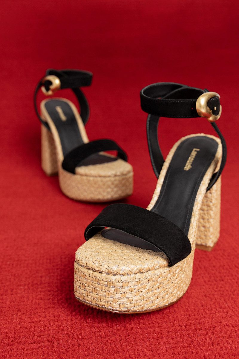Dolly Verona Sandal In Black Suede and Natural Raffia 6