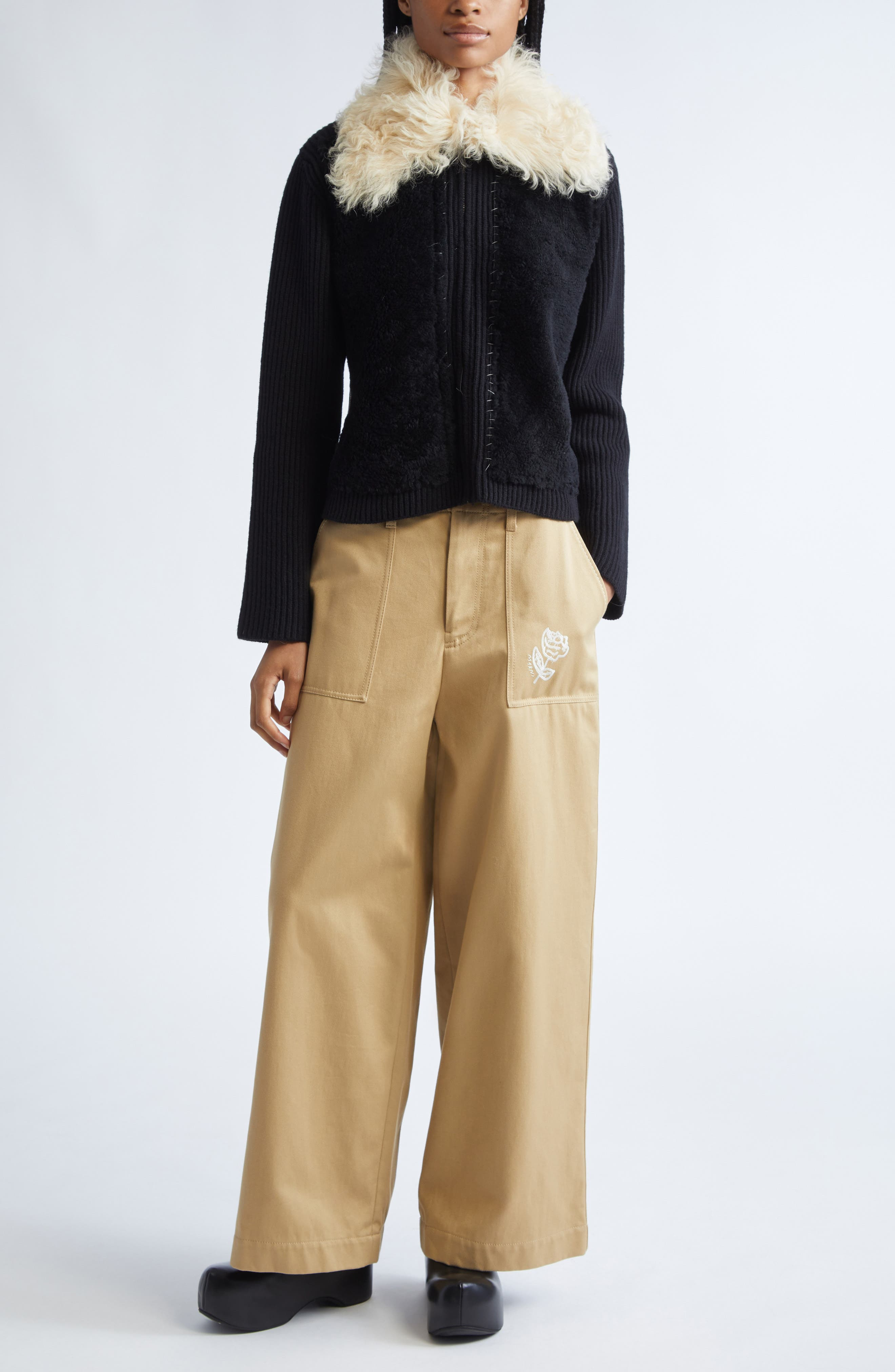 Marni Genuine Shearling & Virgin Wool Cardigan in Black at Nordstrom - 2