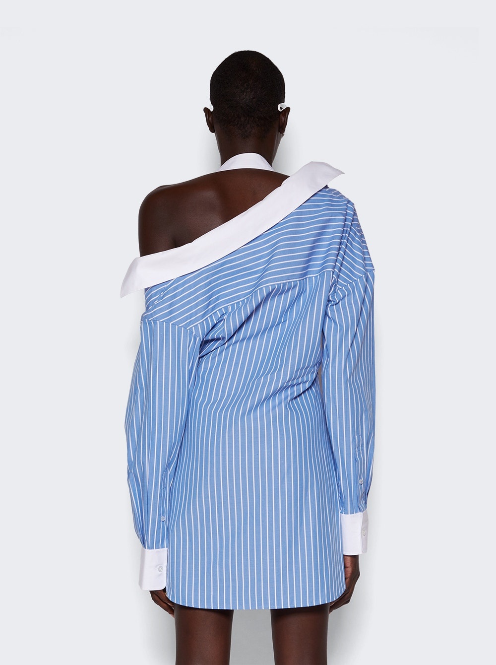 Striped Off-shoulder Shirt Dress Blue And White - 5