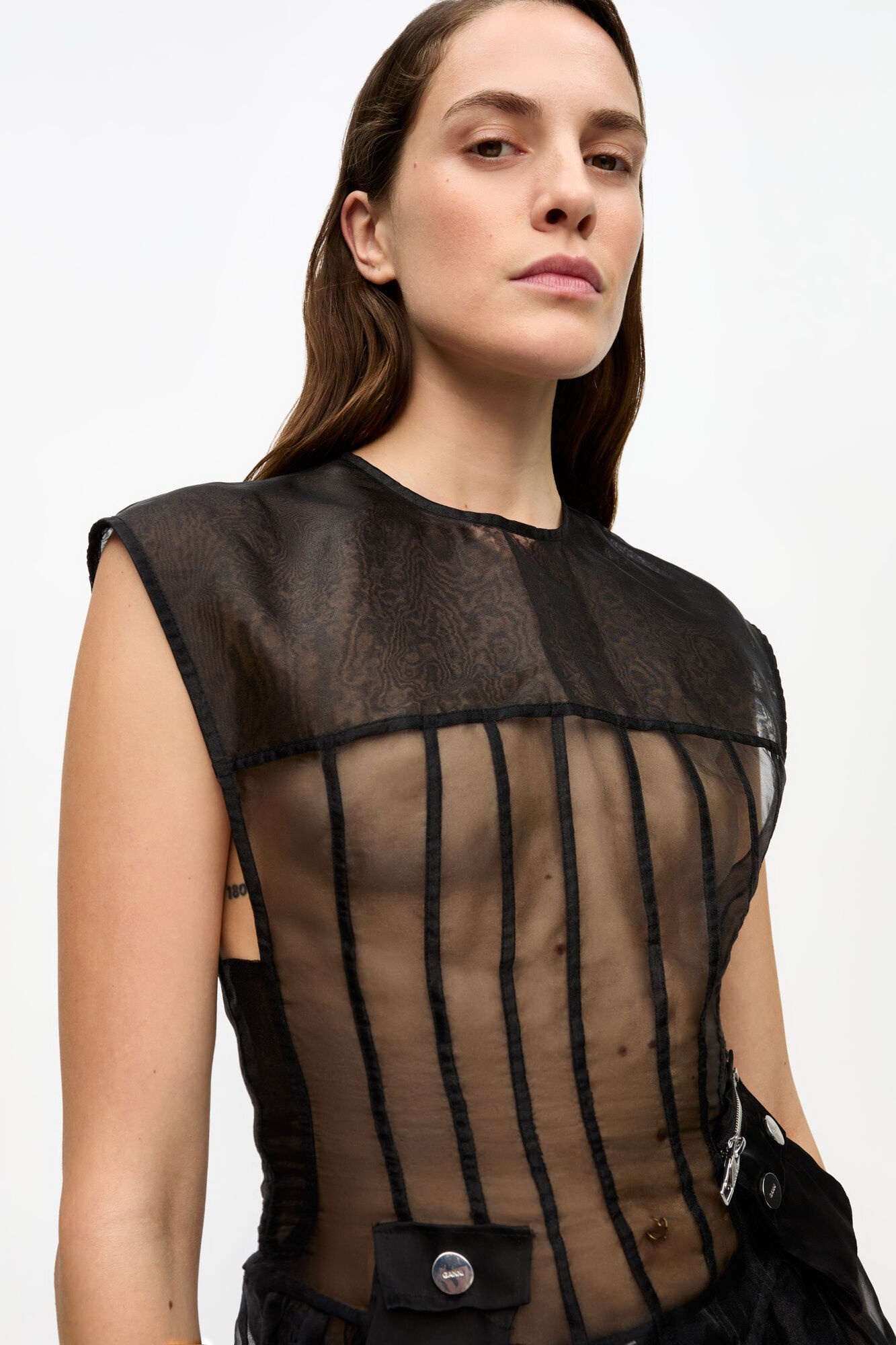 BLACK TECHNICAL ORGANZA CORSET MIDI DRESS - 5