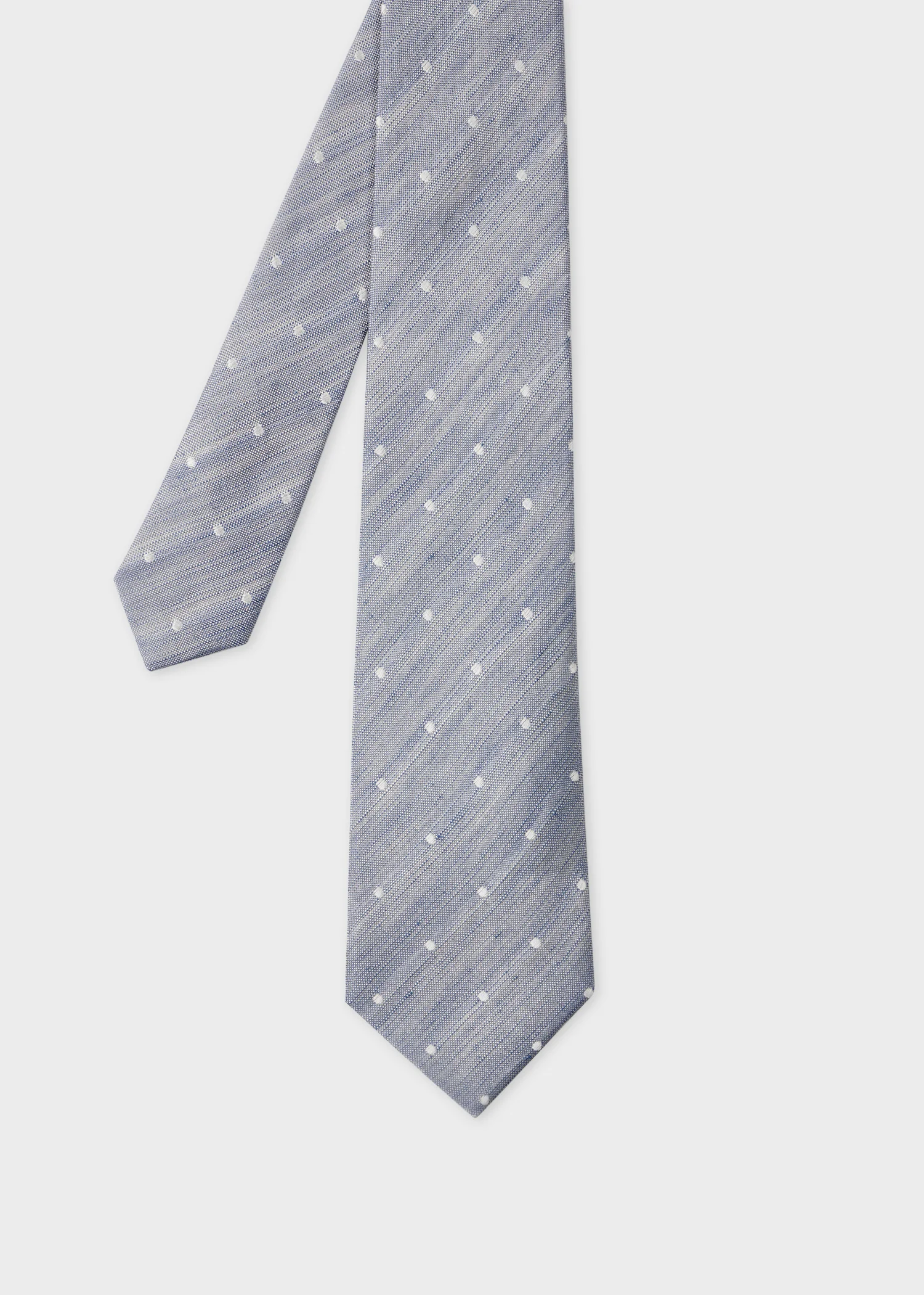Light Blue Linen-Silk Blend Oxford Polka Dot Tie - 1