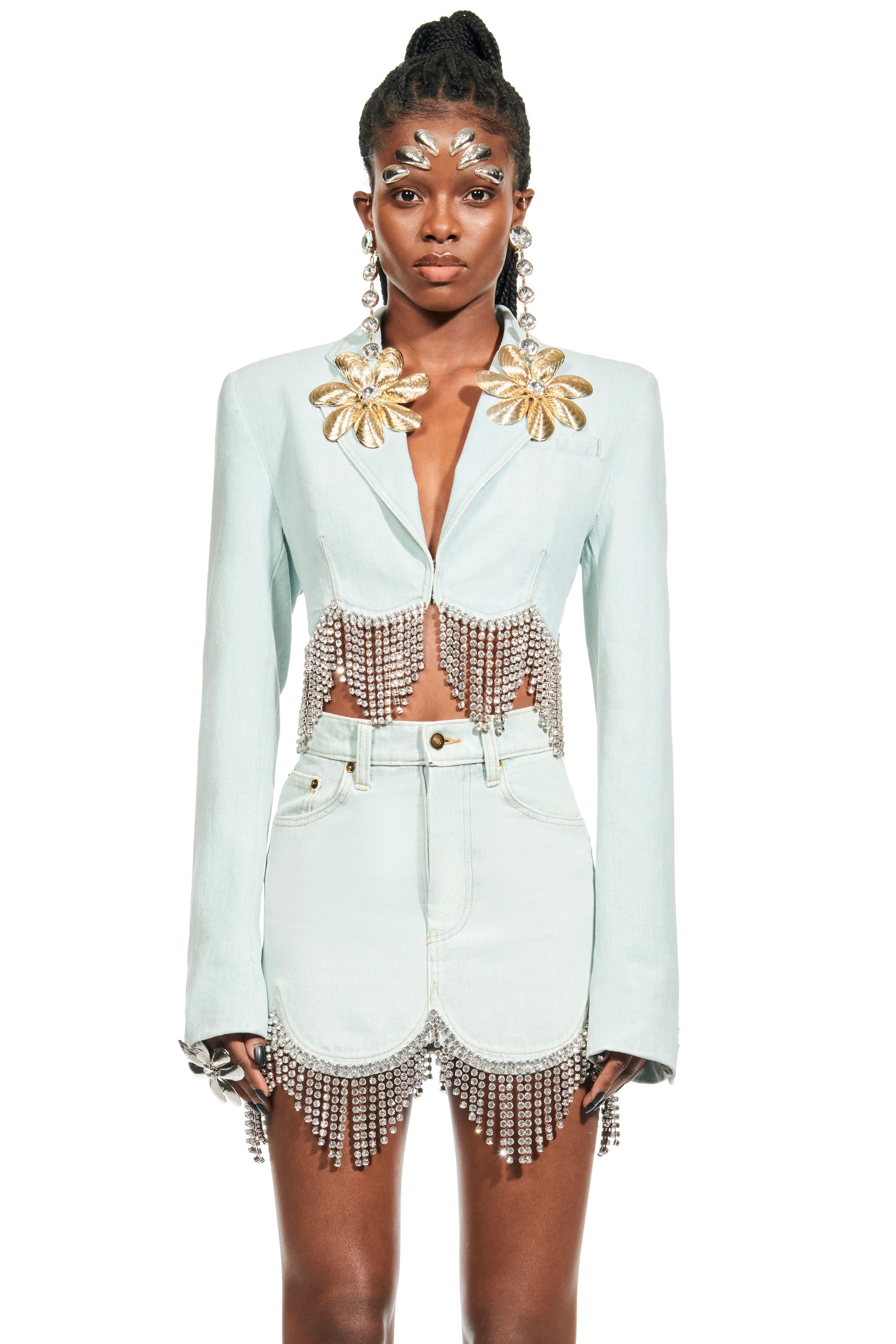 SCALLOPED CRYSTAL CROPPED DENIM JACKET - 1