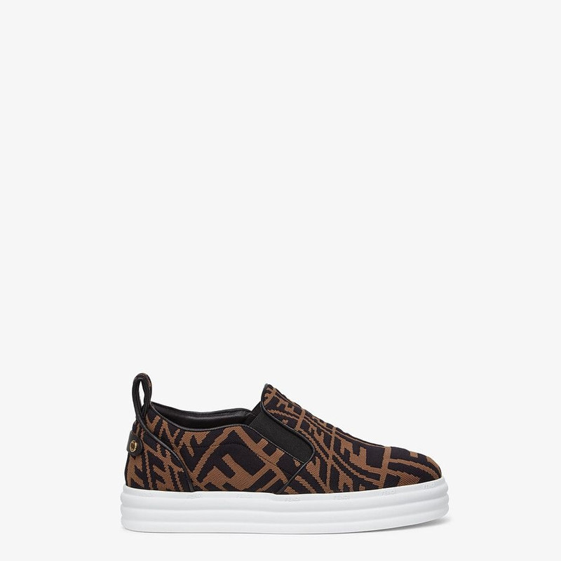 Brown fabric slip ons - 1