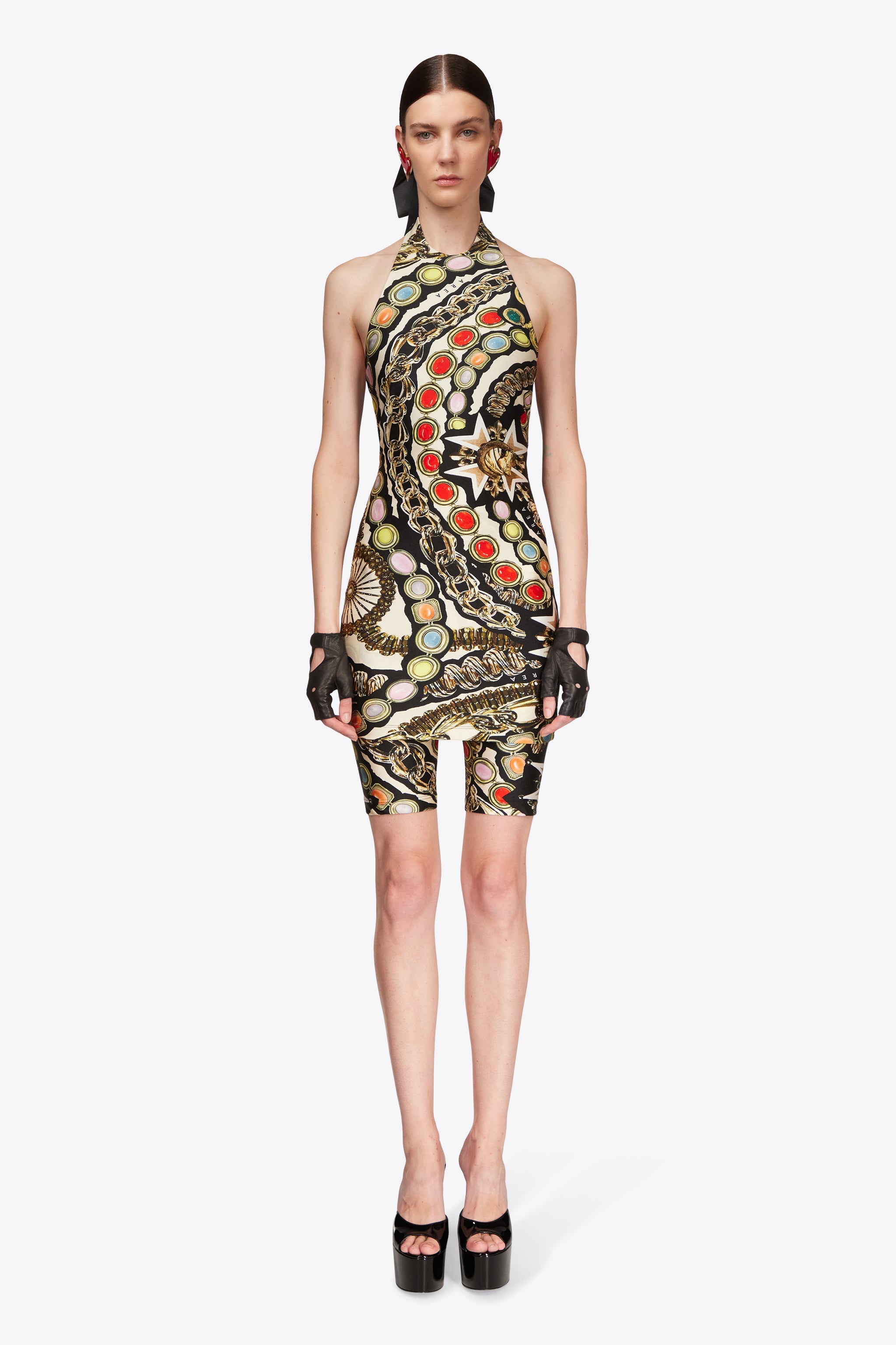 GEMSTONE CHAIN PRINTED HALTER MINI DRESS - 4