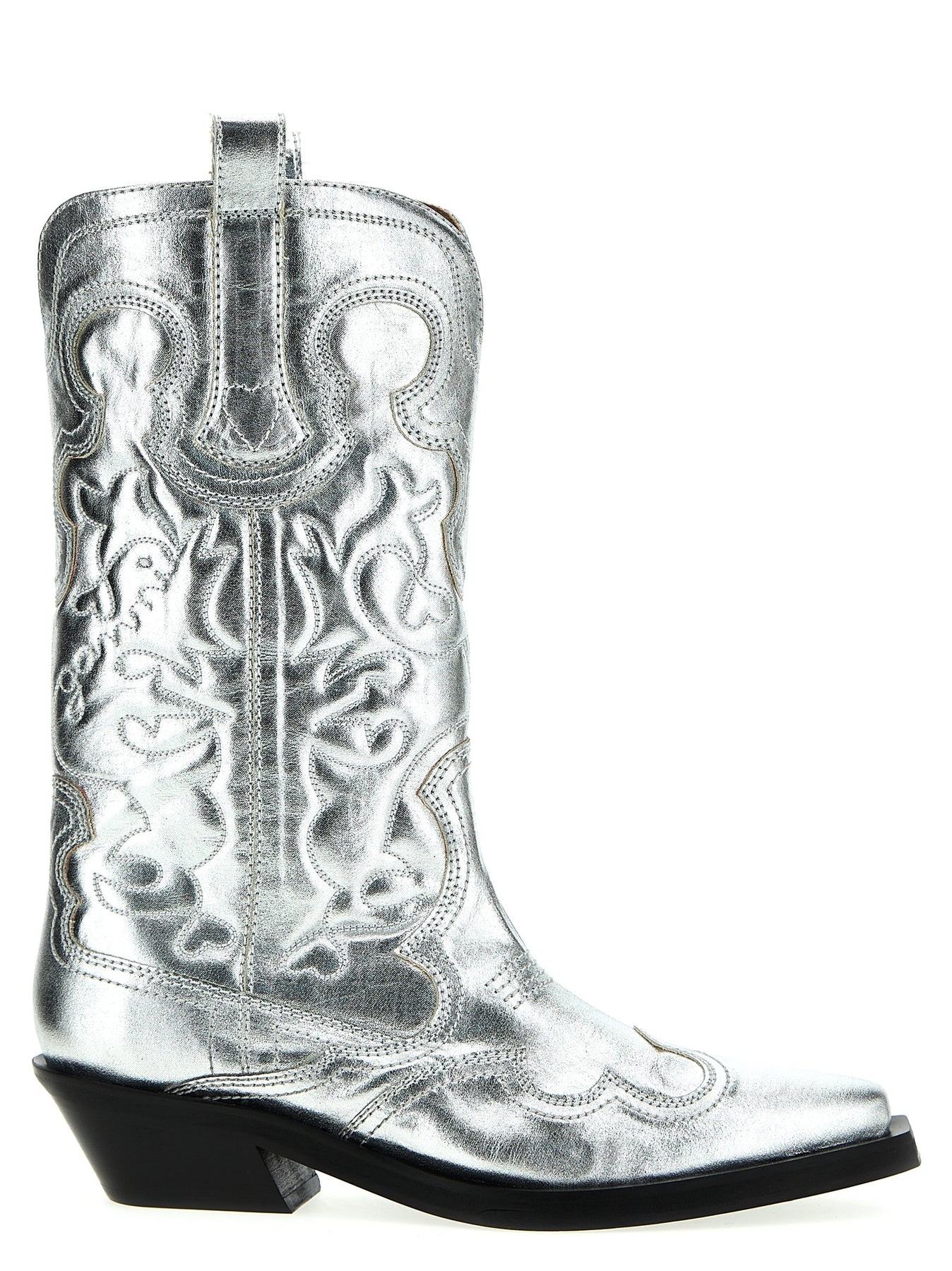 Silver Mid Shaft Embroidered Western Boots, Ankle Boots Silver - 1