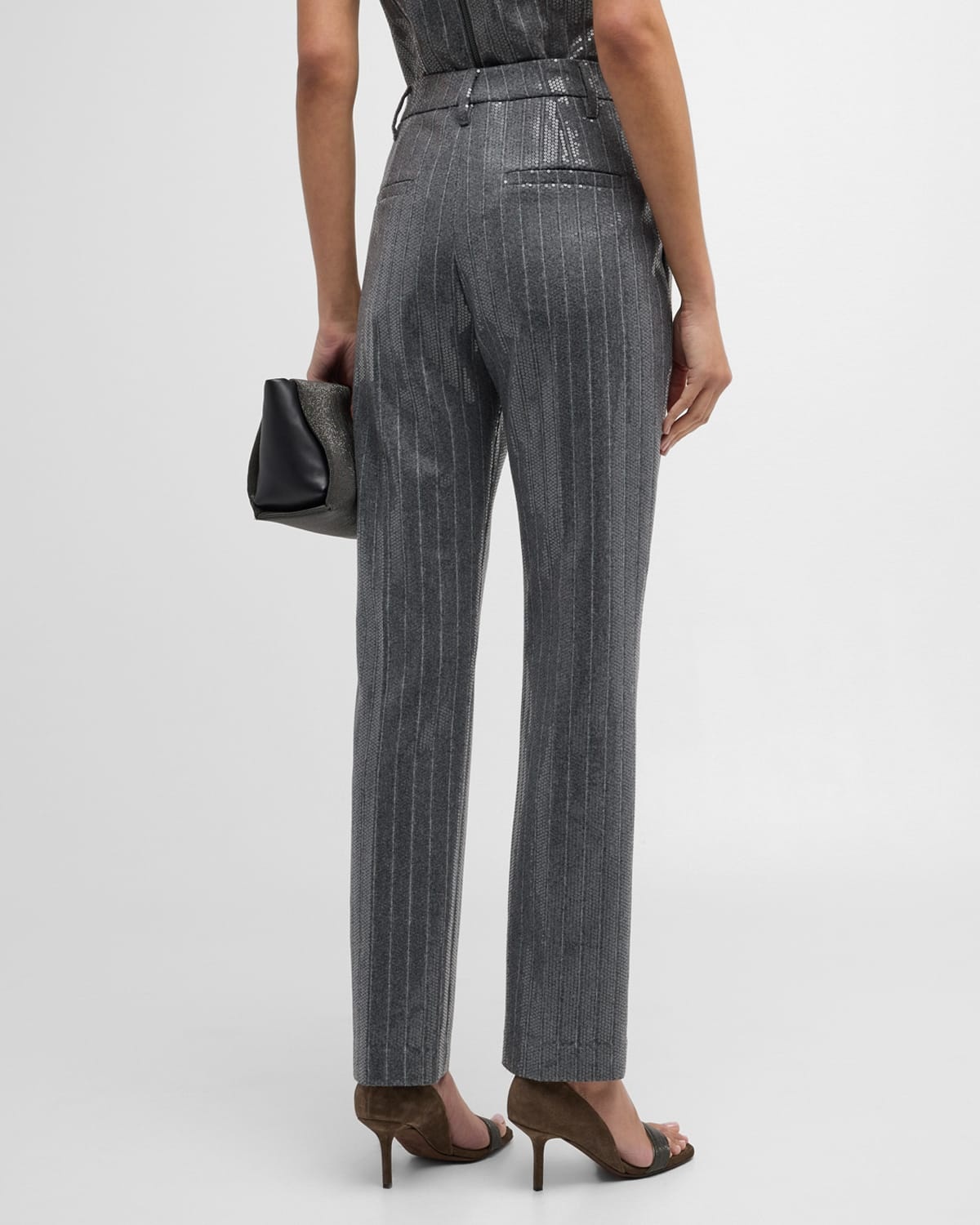 Pinstripe Sequin Embroidered Flannel Straight-Leg Pants - 6