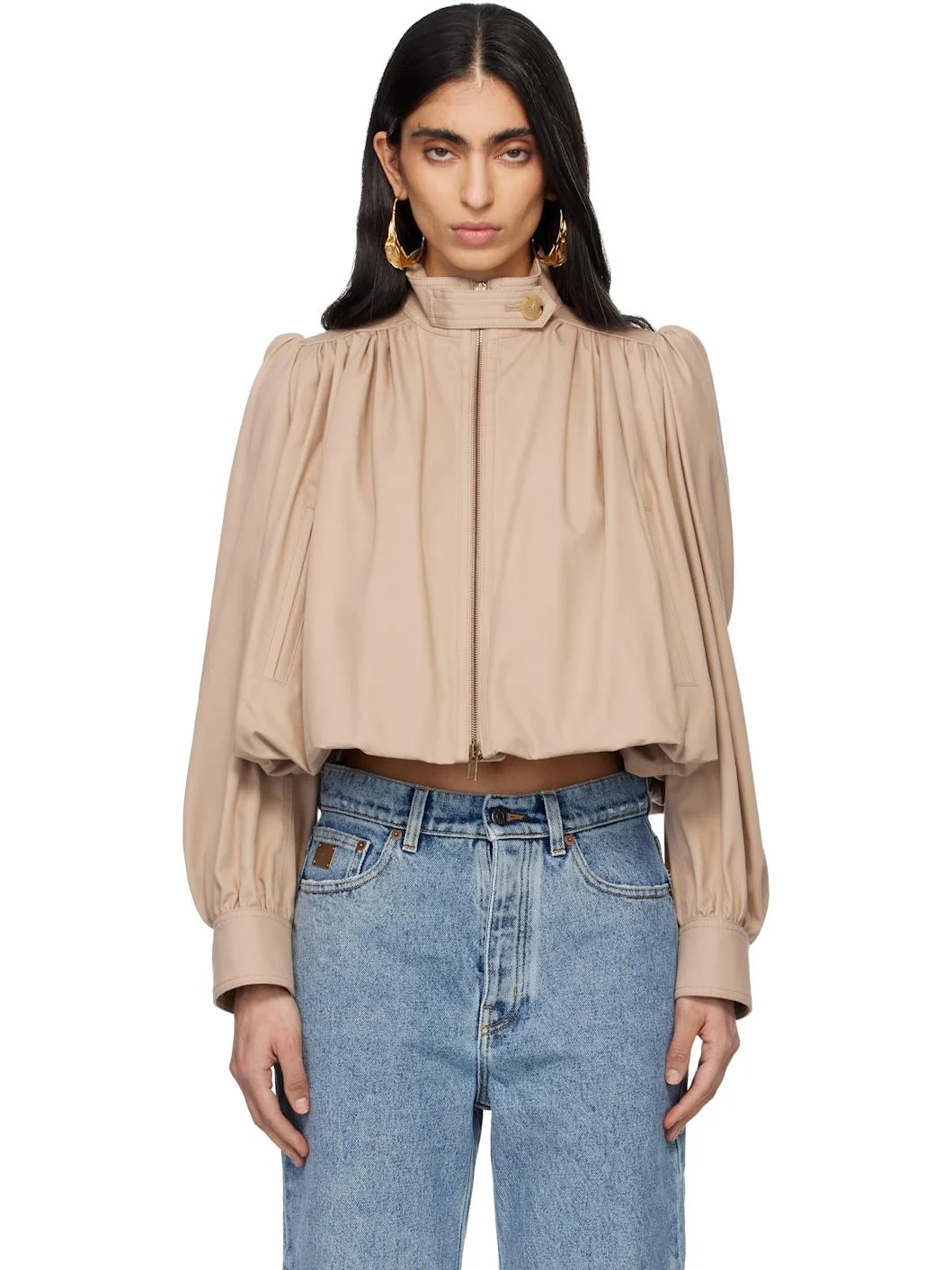 Beige Cotton Canvas Gathered Boule Jacket - 1