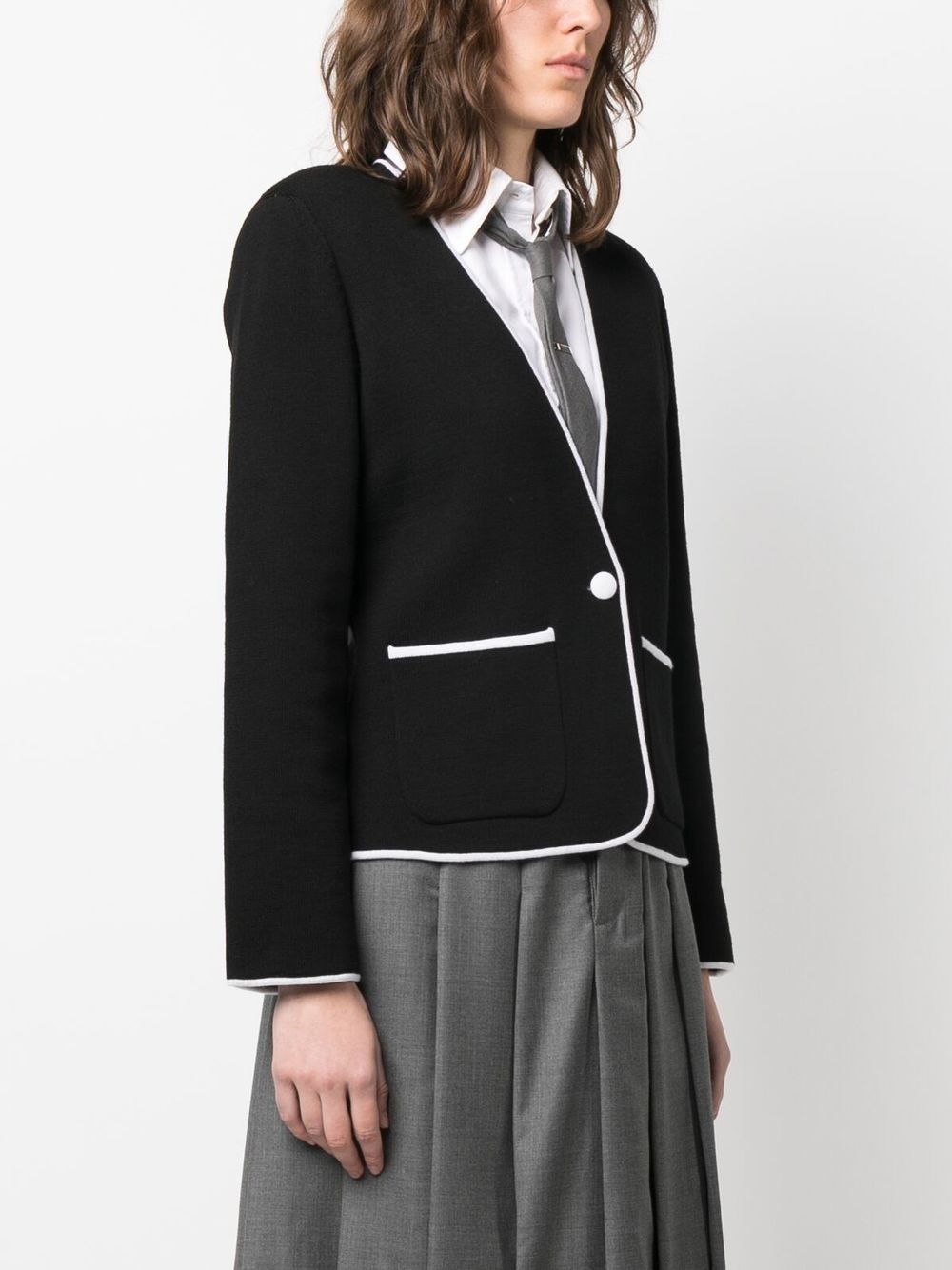 contrasting-trim collarless jacket - 3