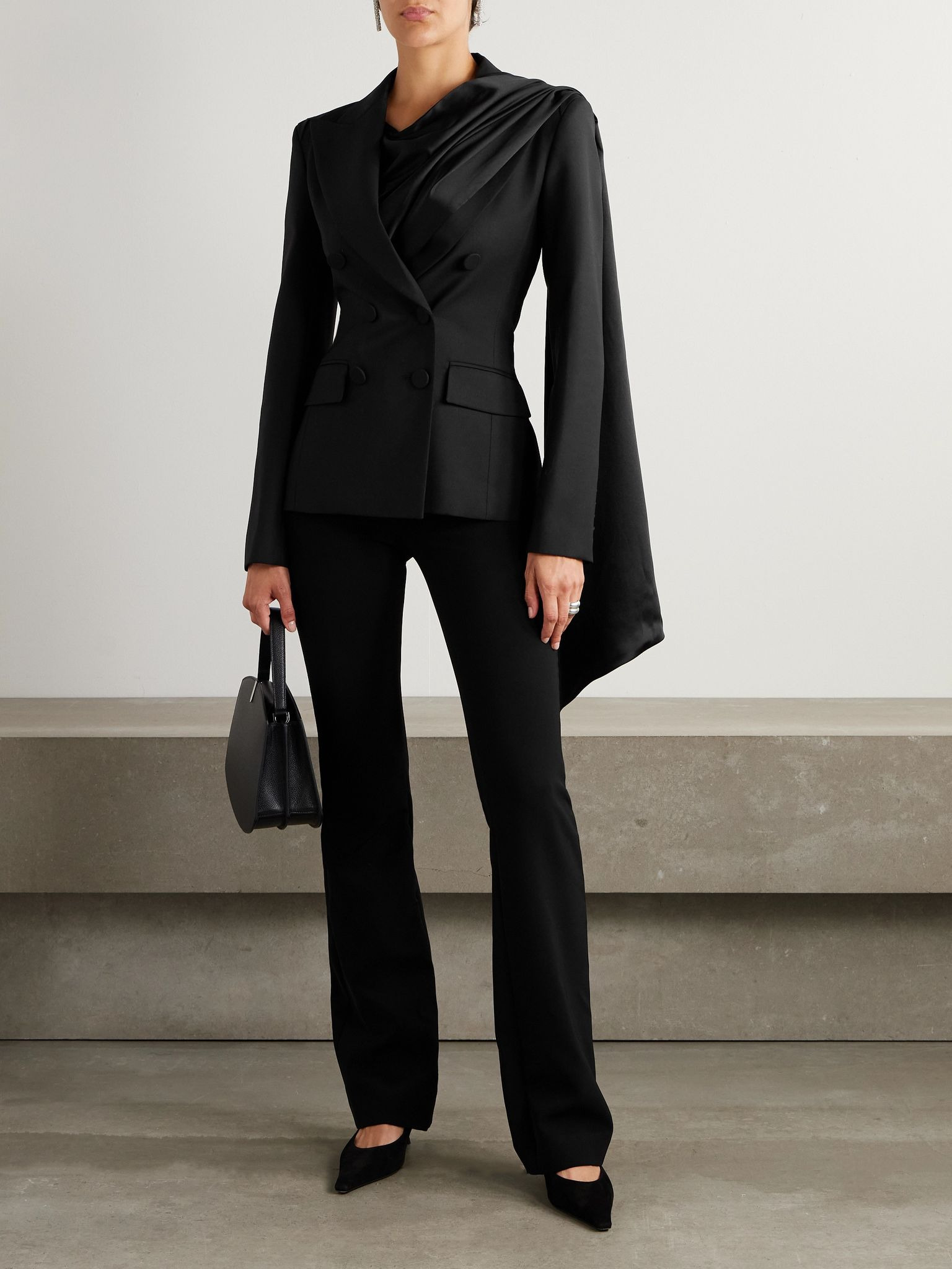 Double-breasted draped satin-trimmed wool blazer Black - 2