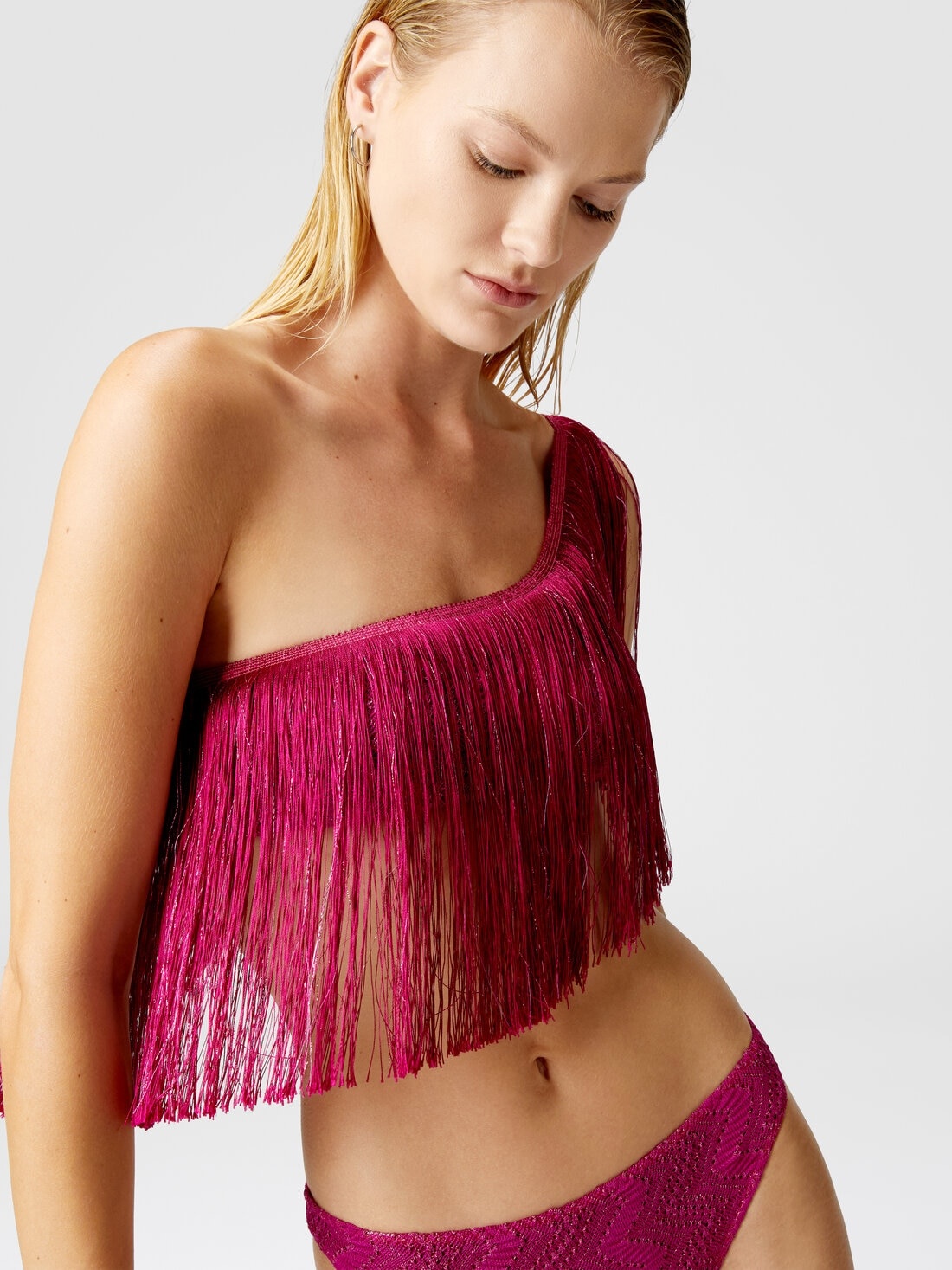 One-shoulder zigzag lamé viscose bikini with fringes - 4