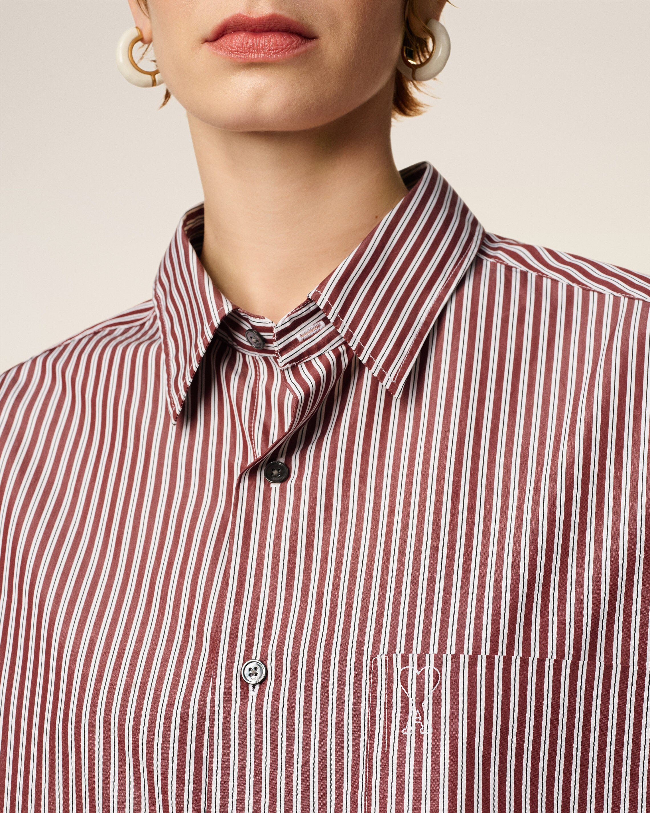 BURGUNDY COTTON EMBOSSED AMI DE COEUR STRIPED BOXY SHIRT - 4