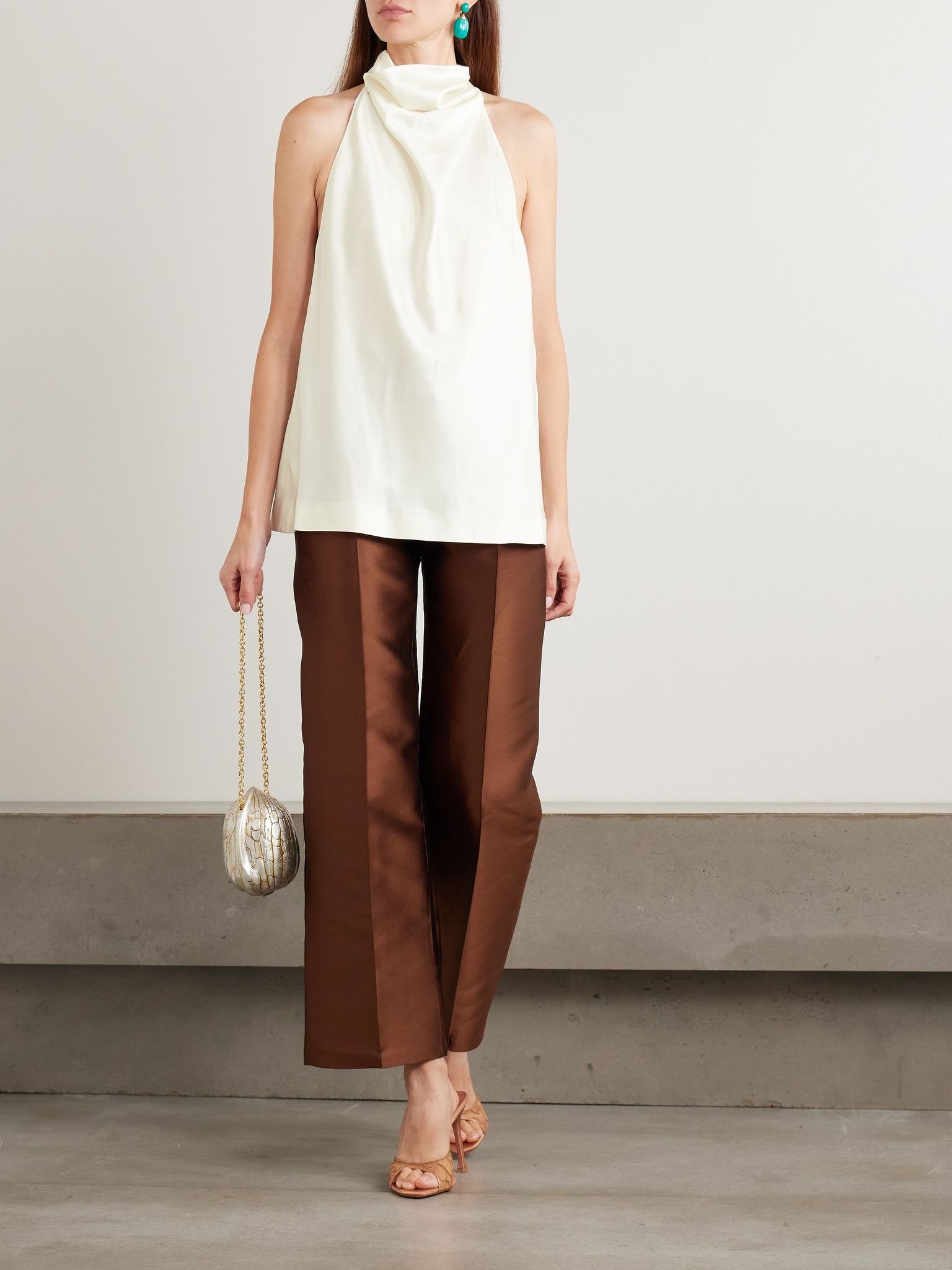 Draped satin halterneck top Cream - 2