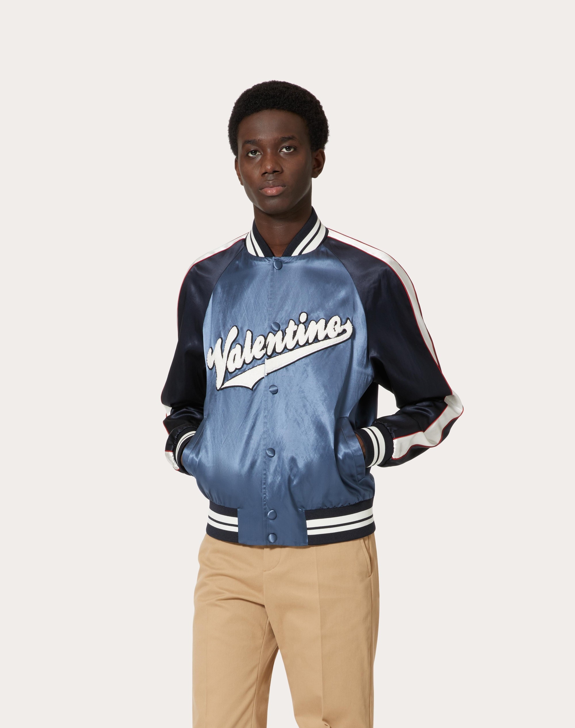 VISCOSE AND COTTON BOMBER JACKET WITH EMBROIDERED VALENTINO PATCH - 3