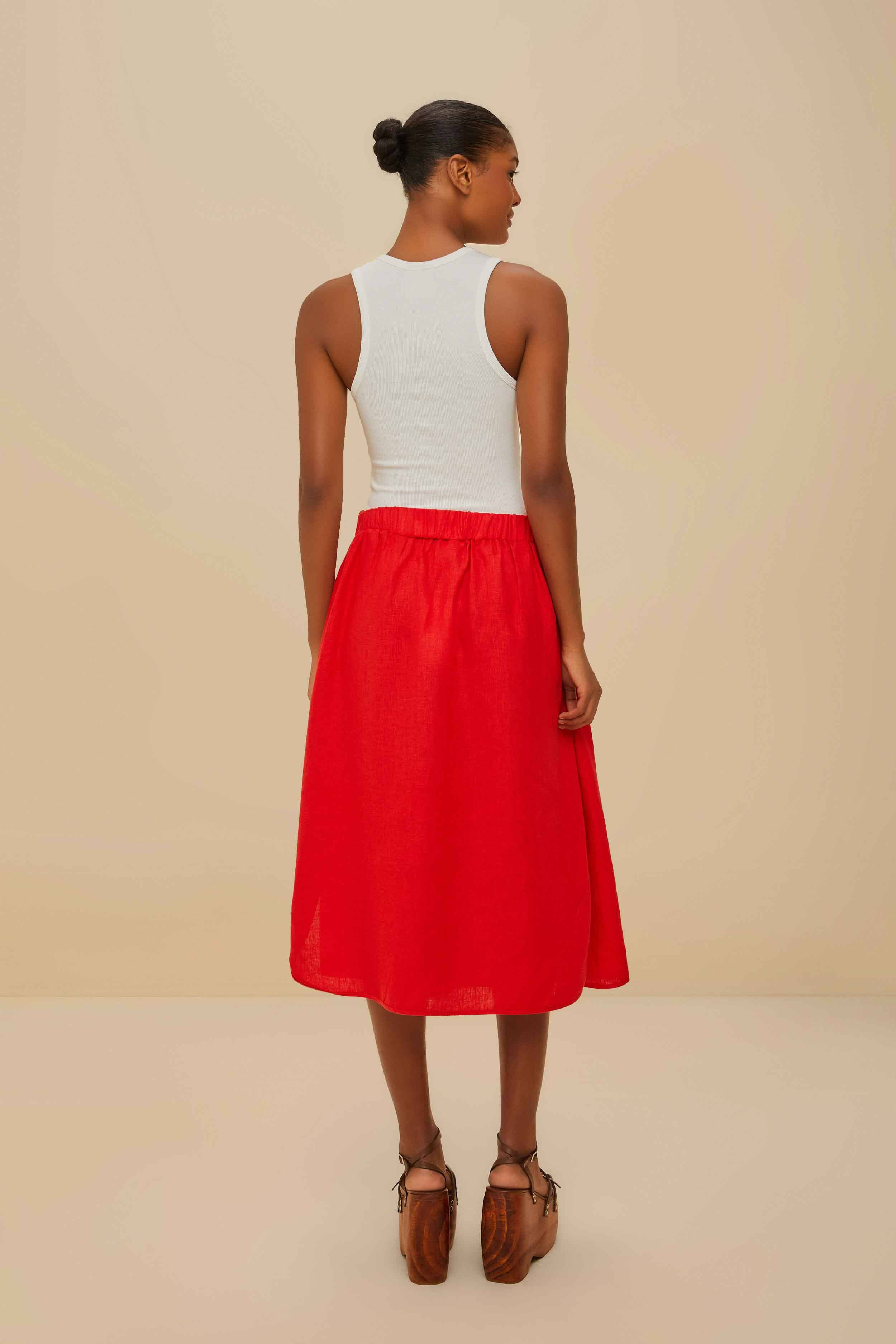 Red Mixed Buttons Euroflax™ Premium Linen Midi Skirt - 3
