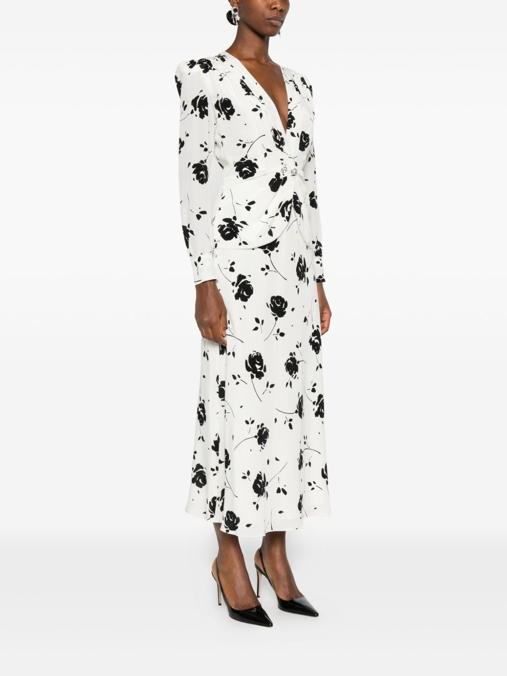 rose-print button-detail midi dress - 3