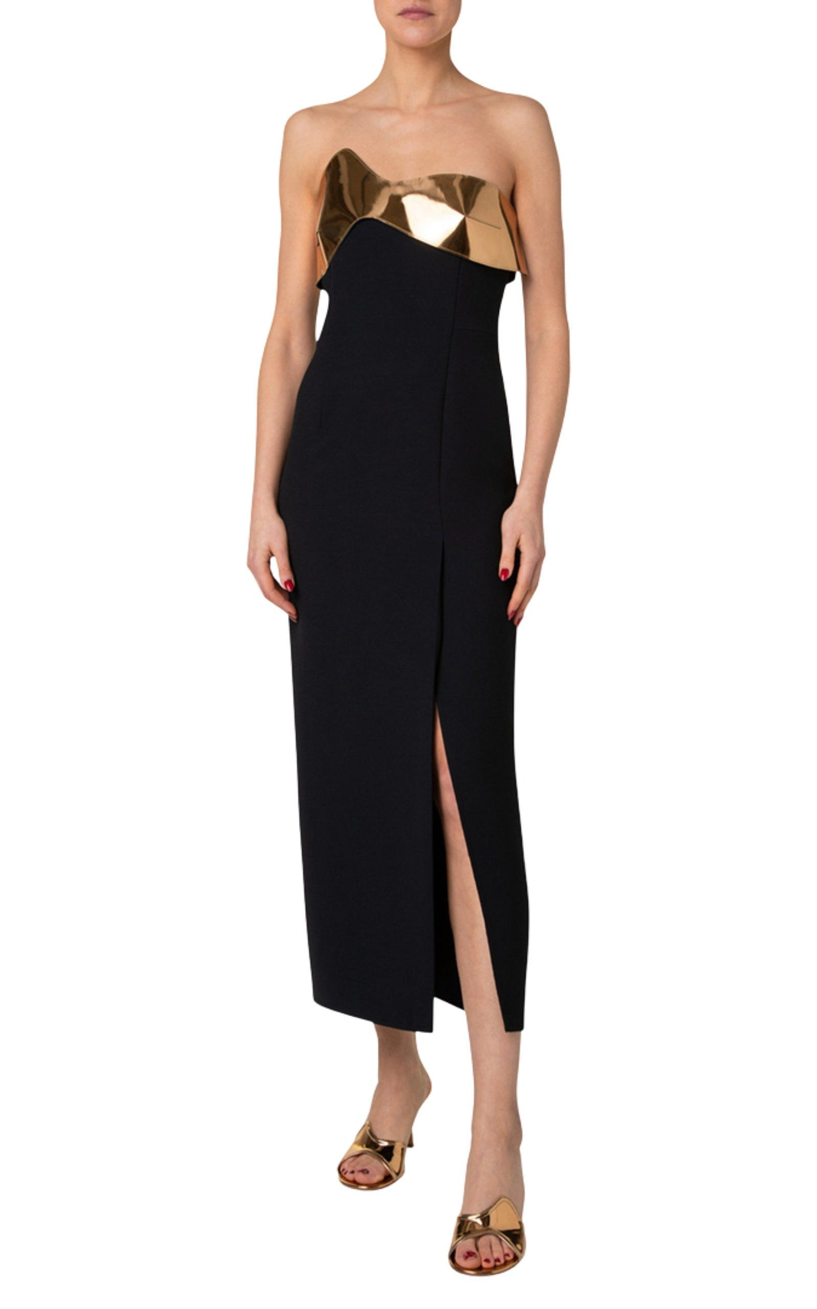 Midi Cocktail Dress with Gold Leather Highlight - 3