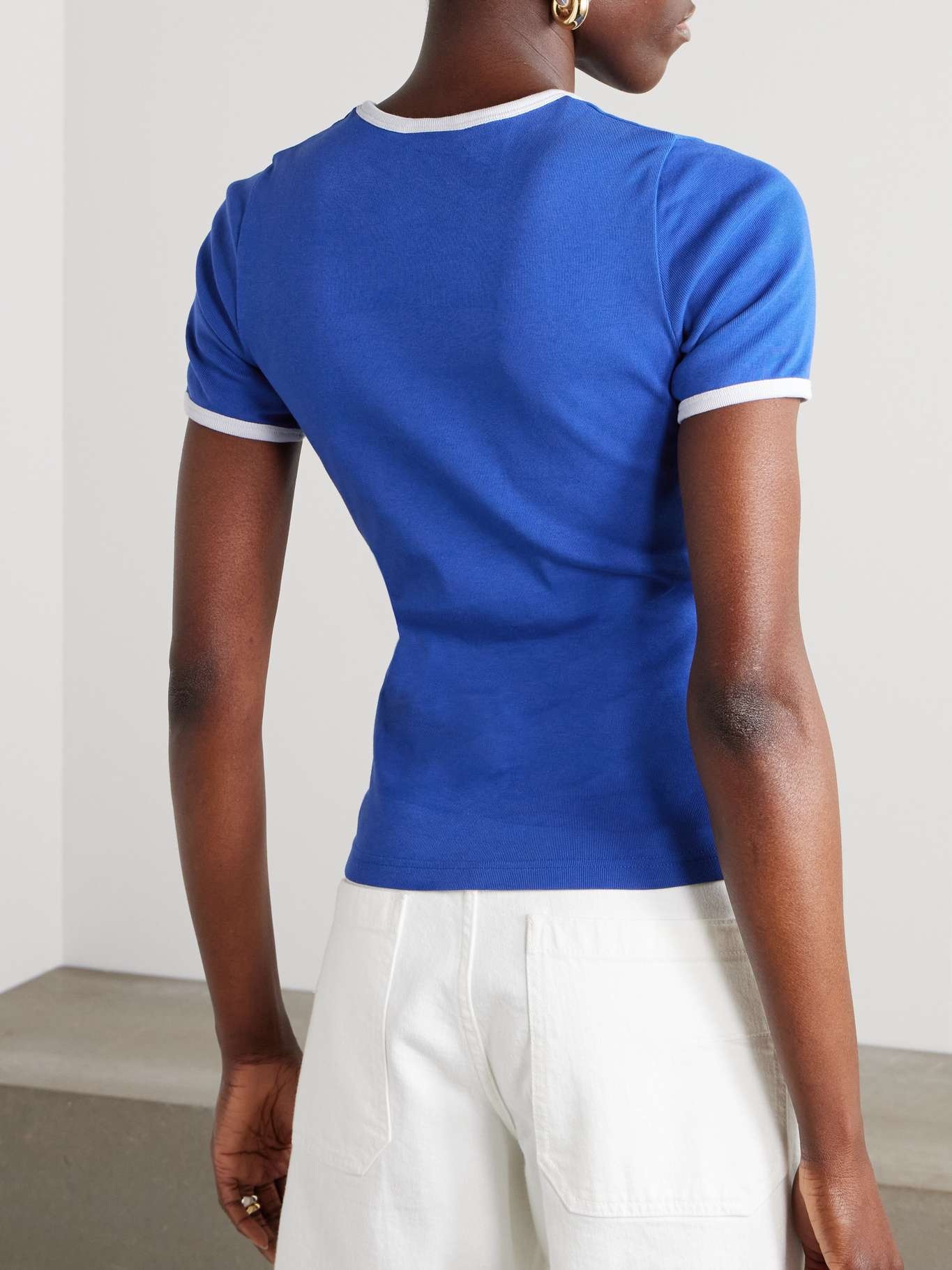 Cropped embroidered cotton-jersey T-shirt Blue - 4