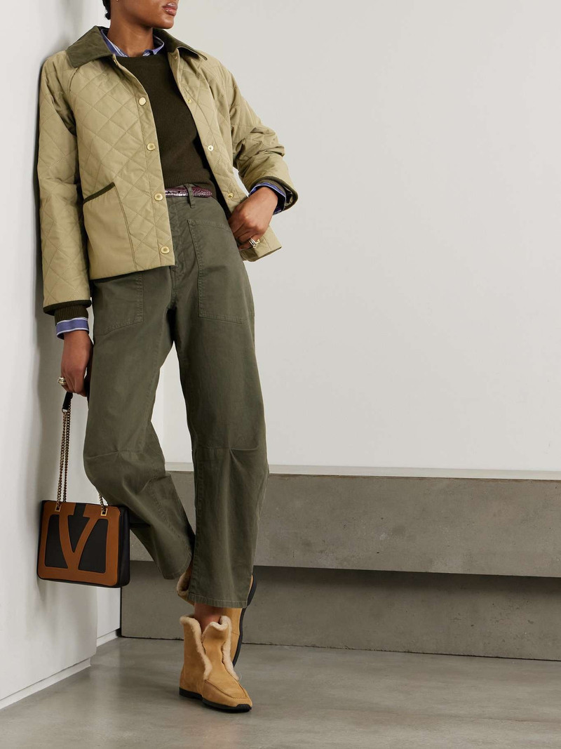 Barbour Anise corduroy-trimmed cropped quilted shell jacket Gray green outlook