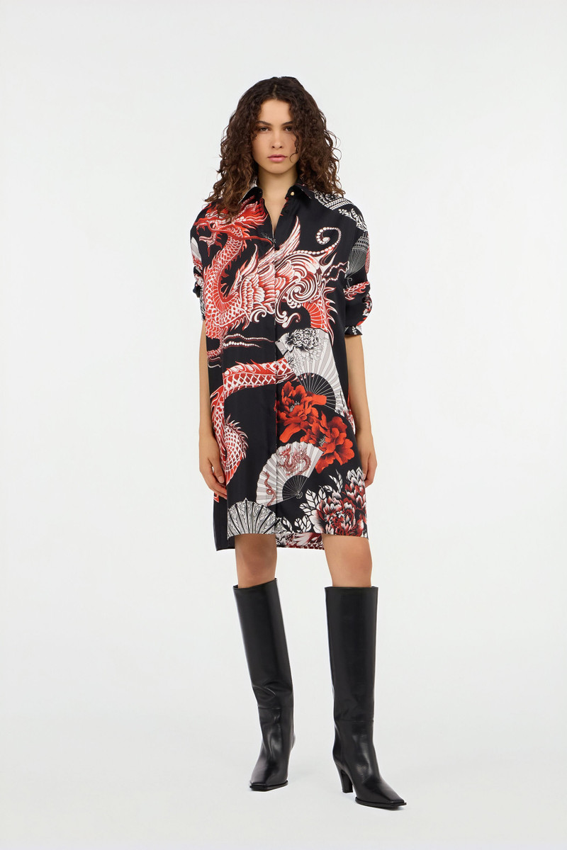 Roberto Cavalli Short dress black with red and white dragon print outlook