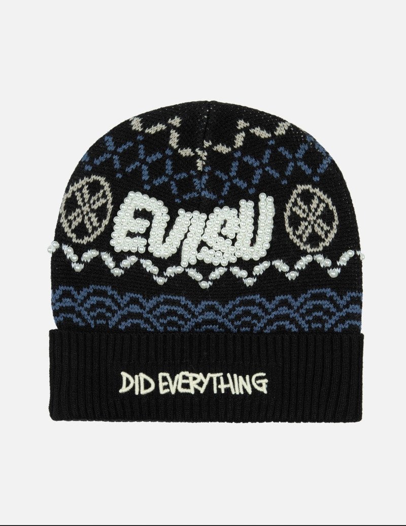 EVISU FAIRISLE ALLOVER JACQUARD WITH PEARL STUD BEANIE outlook