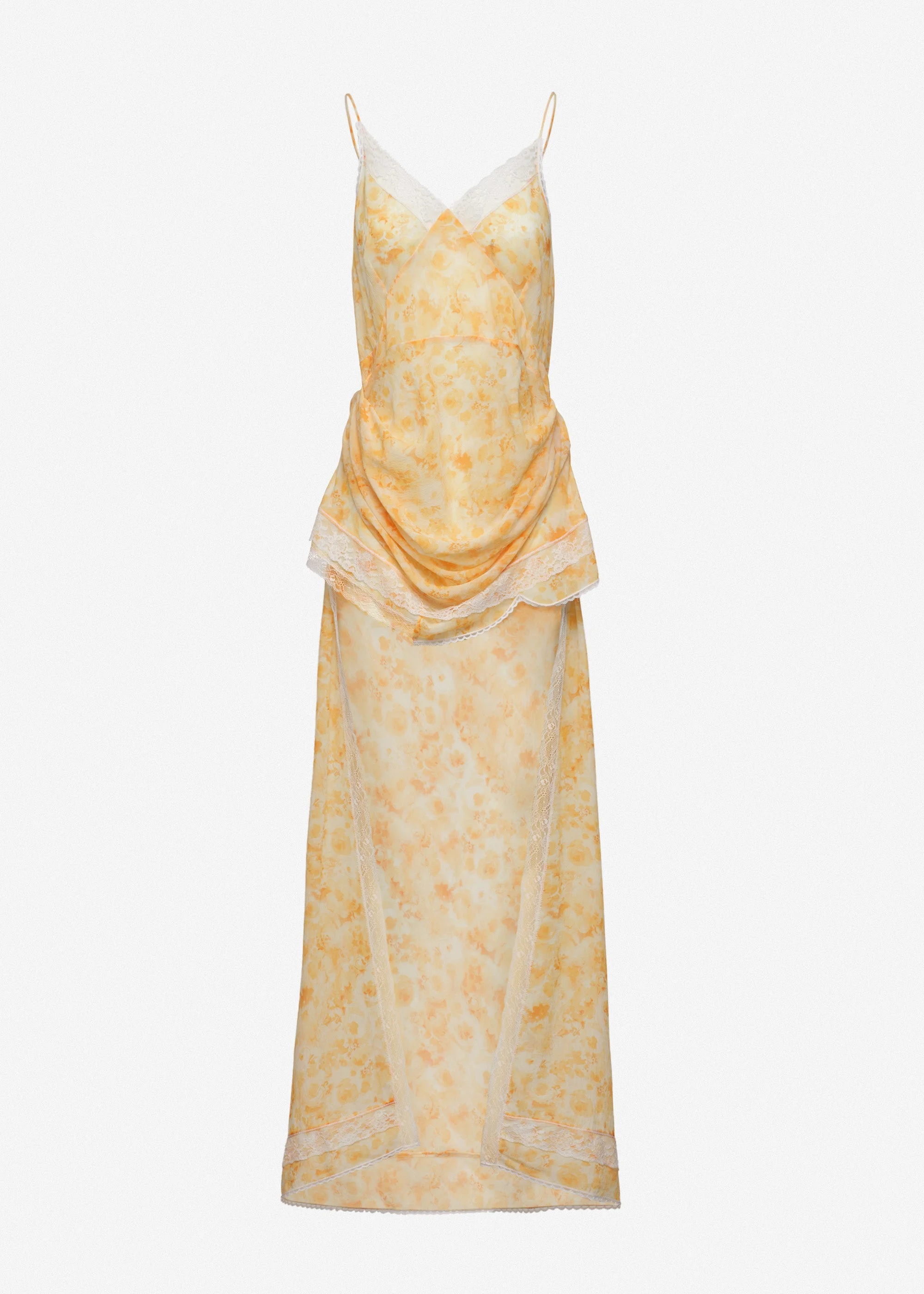 Asymmetric lace-trim slip dress in yellow print - 1