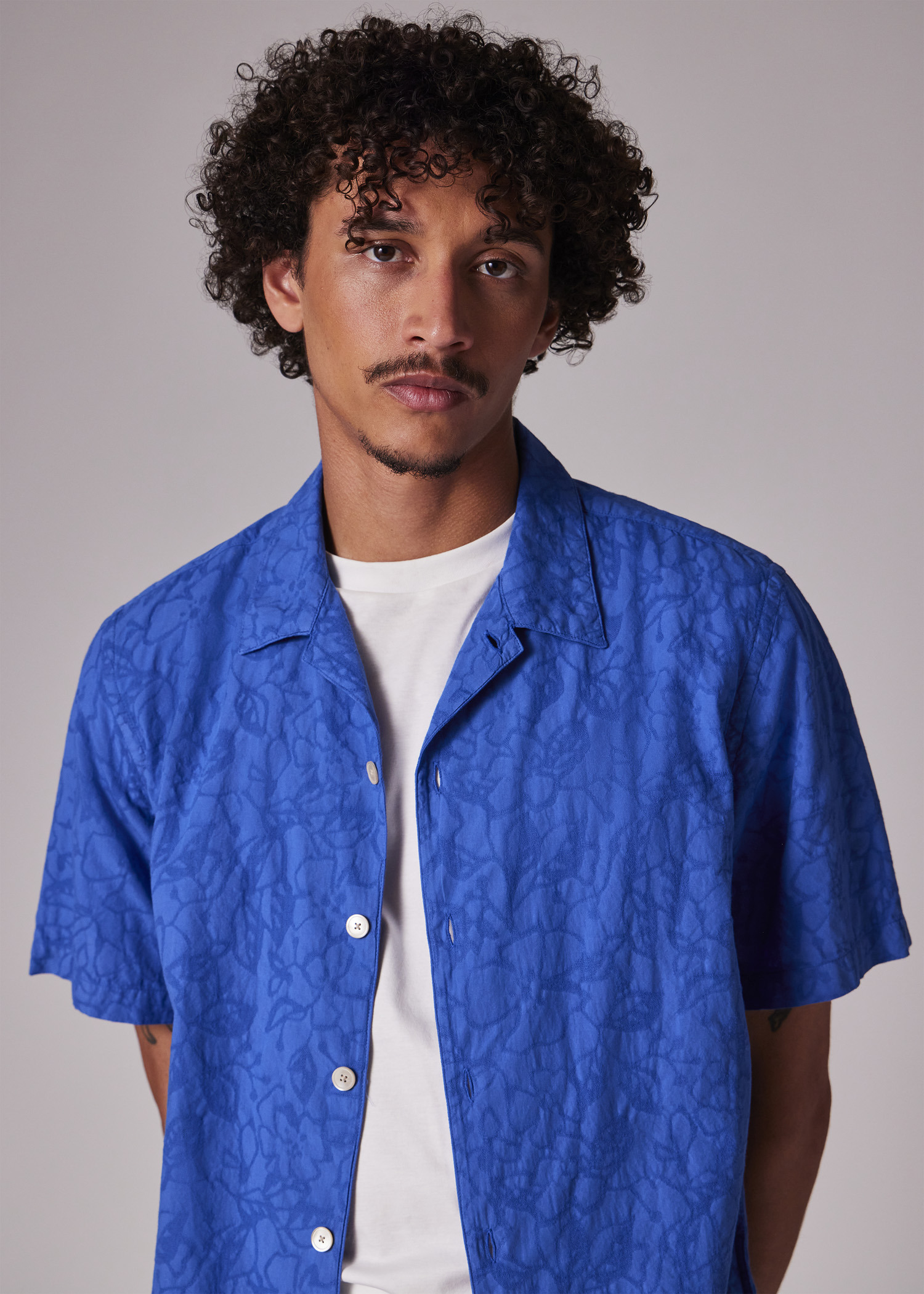 Mid Blue Cotton Textured-Jacquard Short-Sleeve Shirt - 6