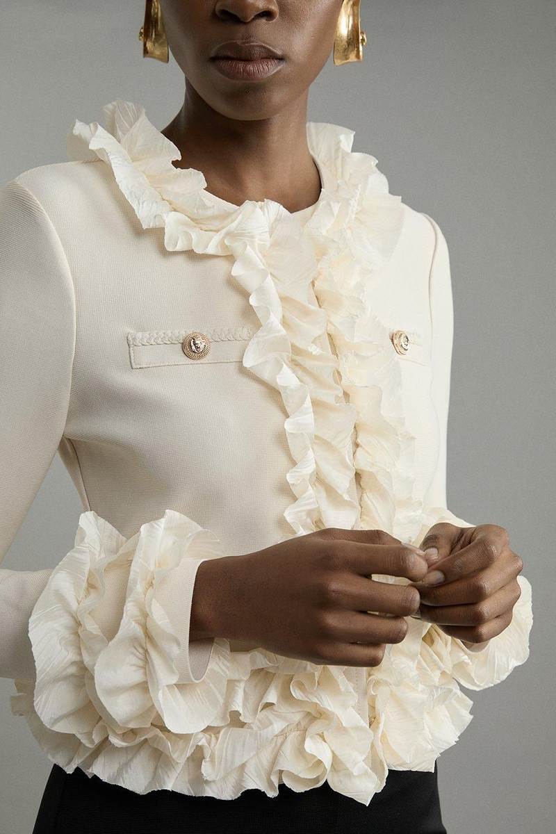 Figure Form Bandage Knit Jacket With Woven Ruffle Trim 5
