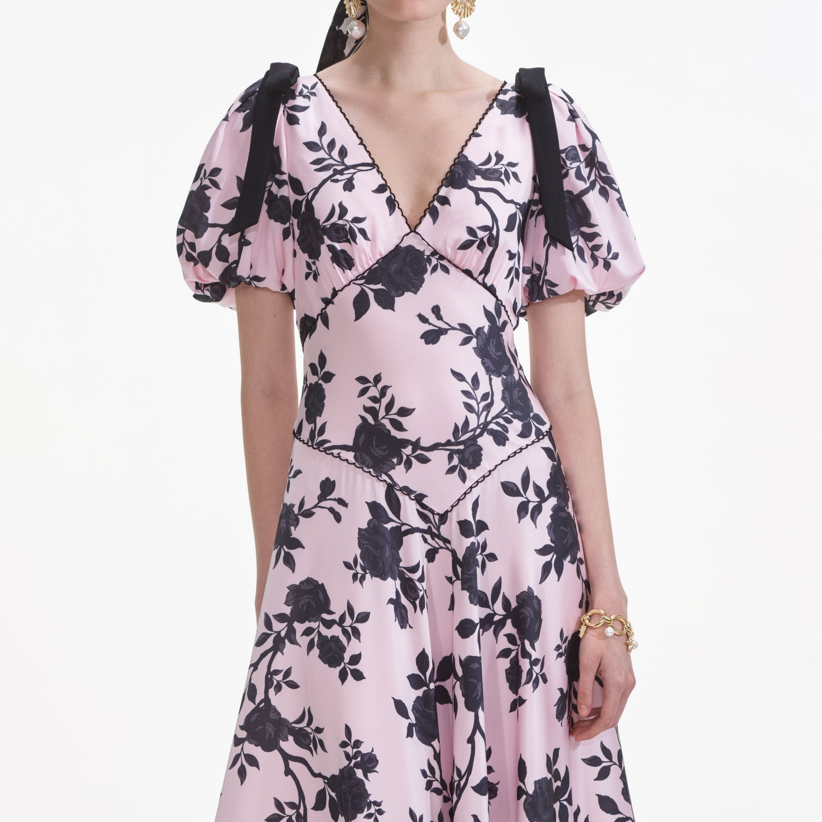 Pink Satin Floral Midi Dress - 4