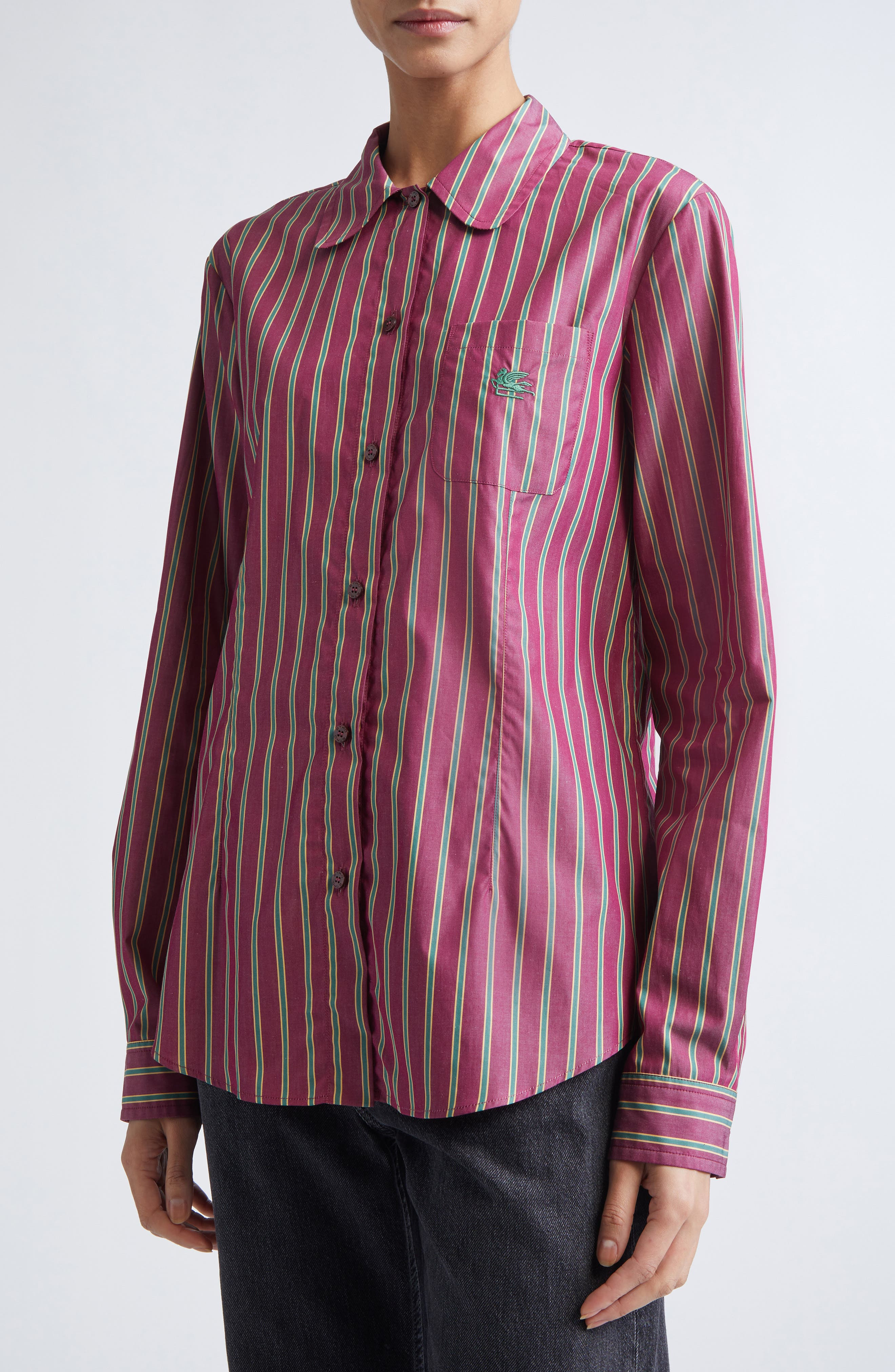 Etro Stripe Cotton Button-Up Shirt in Multicolor Bordeaux Base at Nordstrom - 4