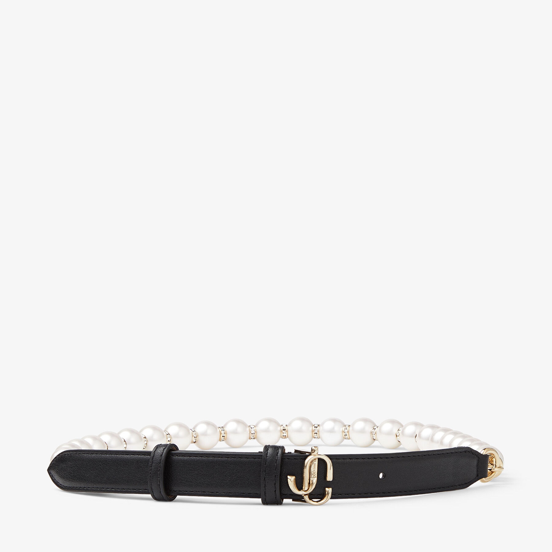 JC Chain
Black Leather Waist Belt with Pearls, Crystals and Gold JC Emblem - 1