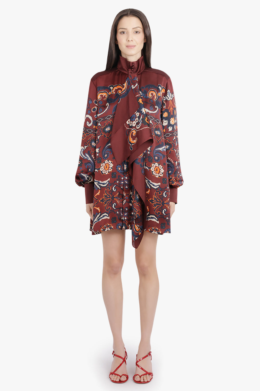 SCARF L/S FLORAL PRINT HIGH NECK DRAPE MINI DRESS | BORDEAUX/MULTI - 3