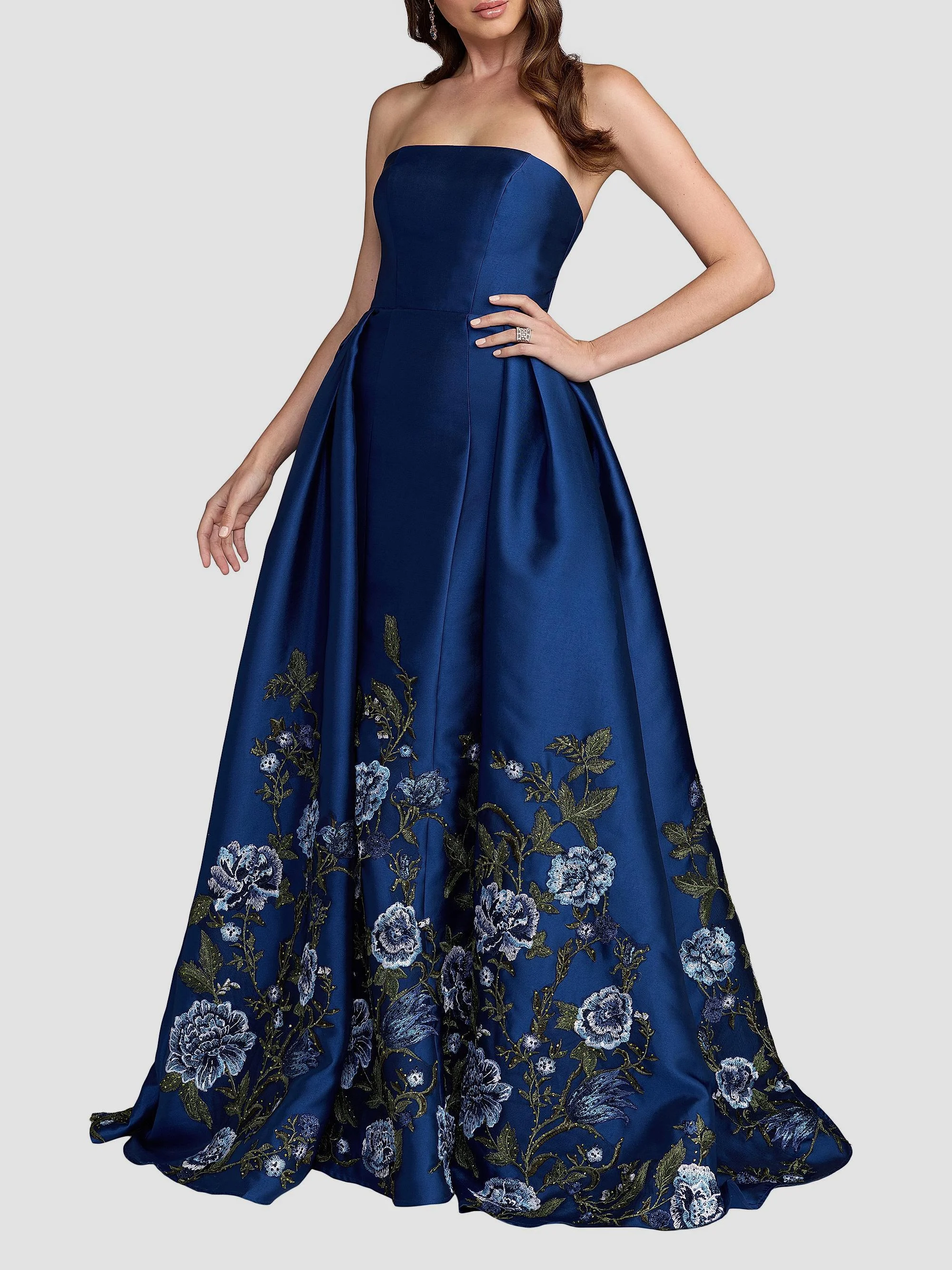 Women's Embroidered Mikado Strapless Gown - Midnight Multi - 1