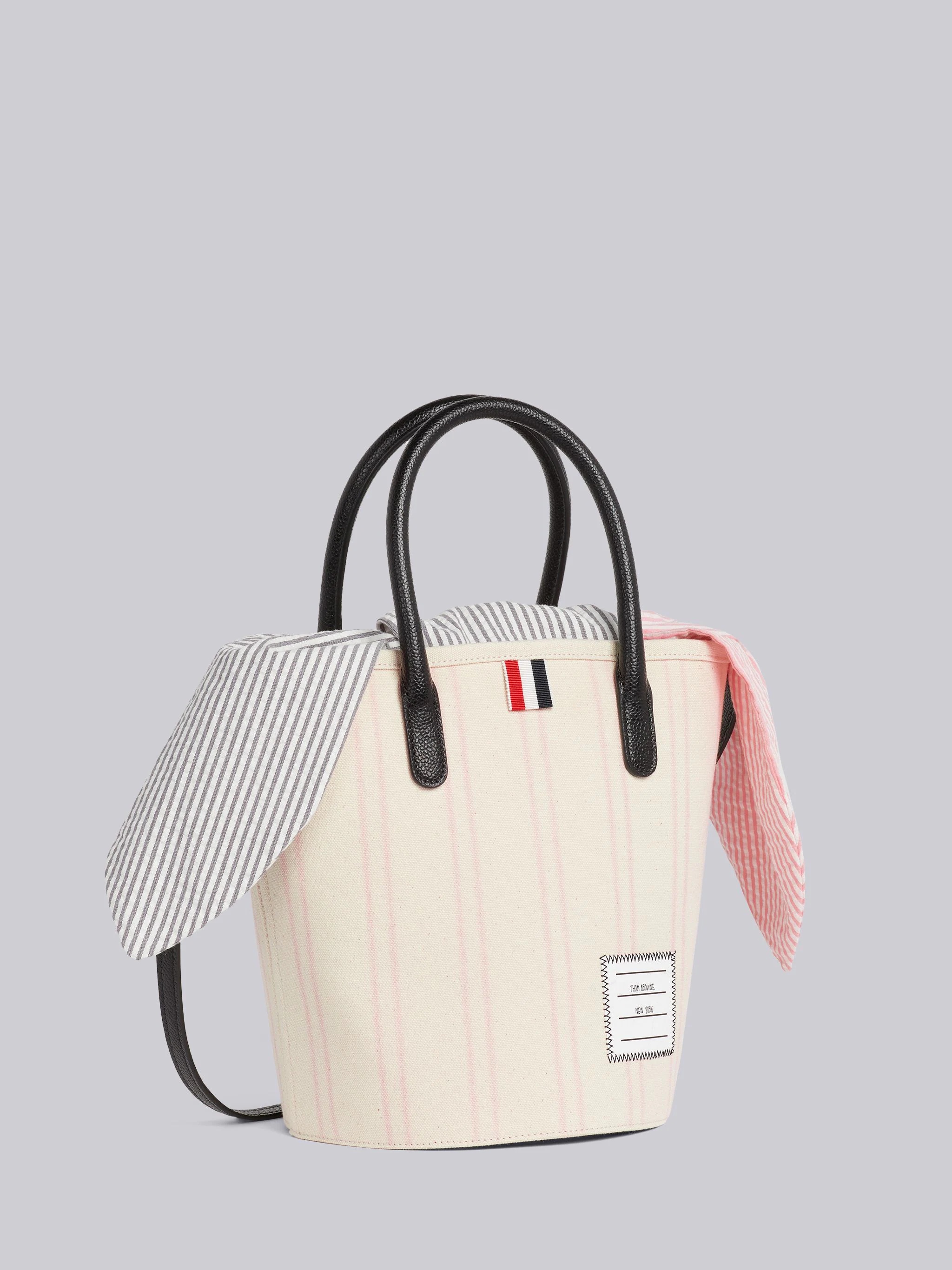 Light Pink Striped Cotton Canvas Shoulder Strap Mini Bucket Bag With Interior Pouch - 3