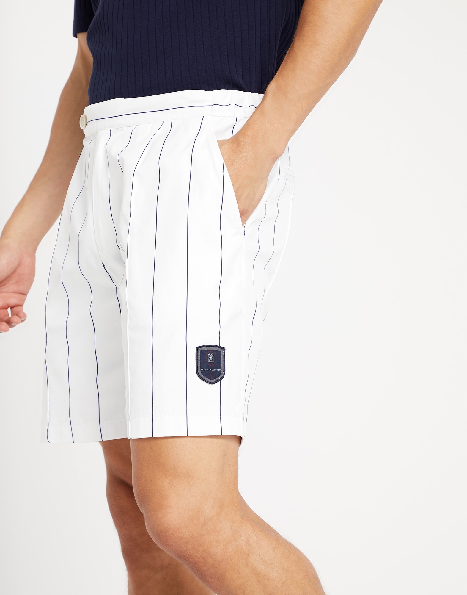 Chalk stripe nylon pleated Bermuda shorts with tabbed waistband and tennis badge - 3