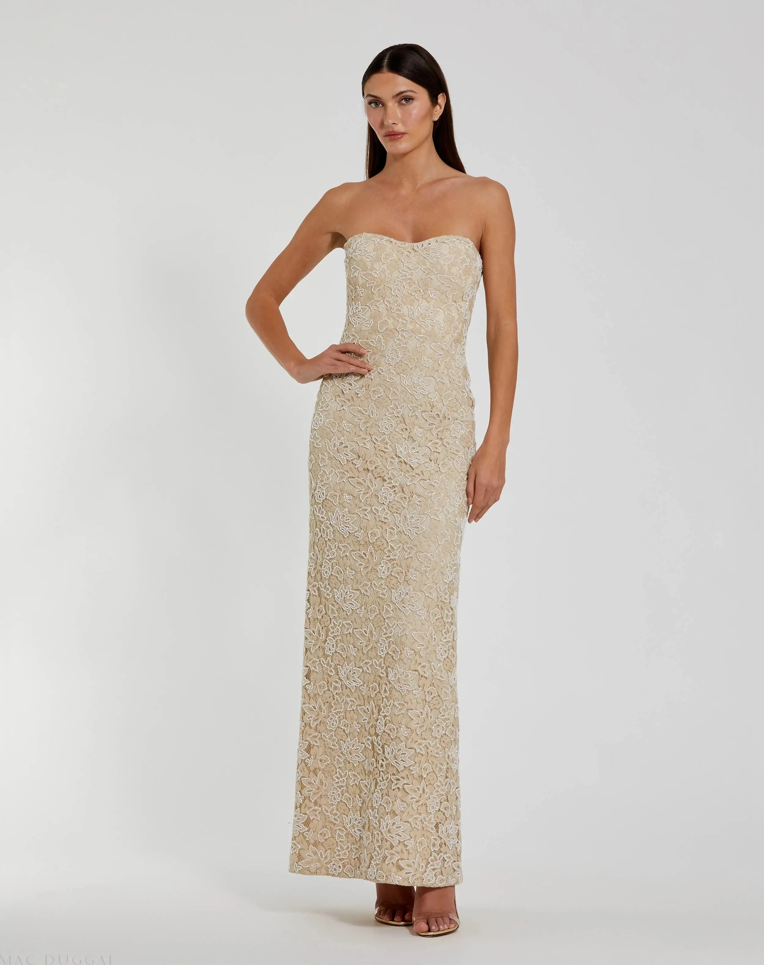 Beige Strapless Beaded Lace Fitted Column Gown - 1