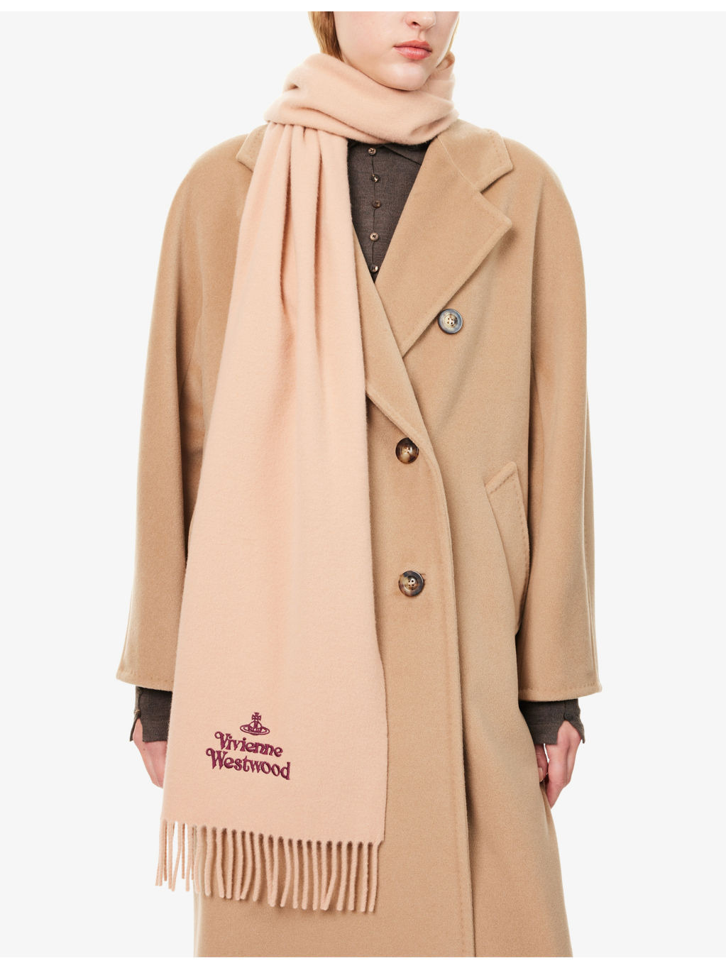 Brand-Embroidered Fringed Wool Scarf - 2
