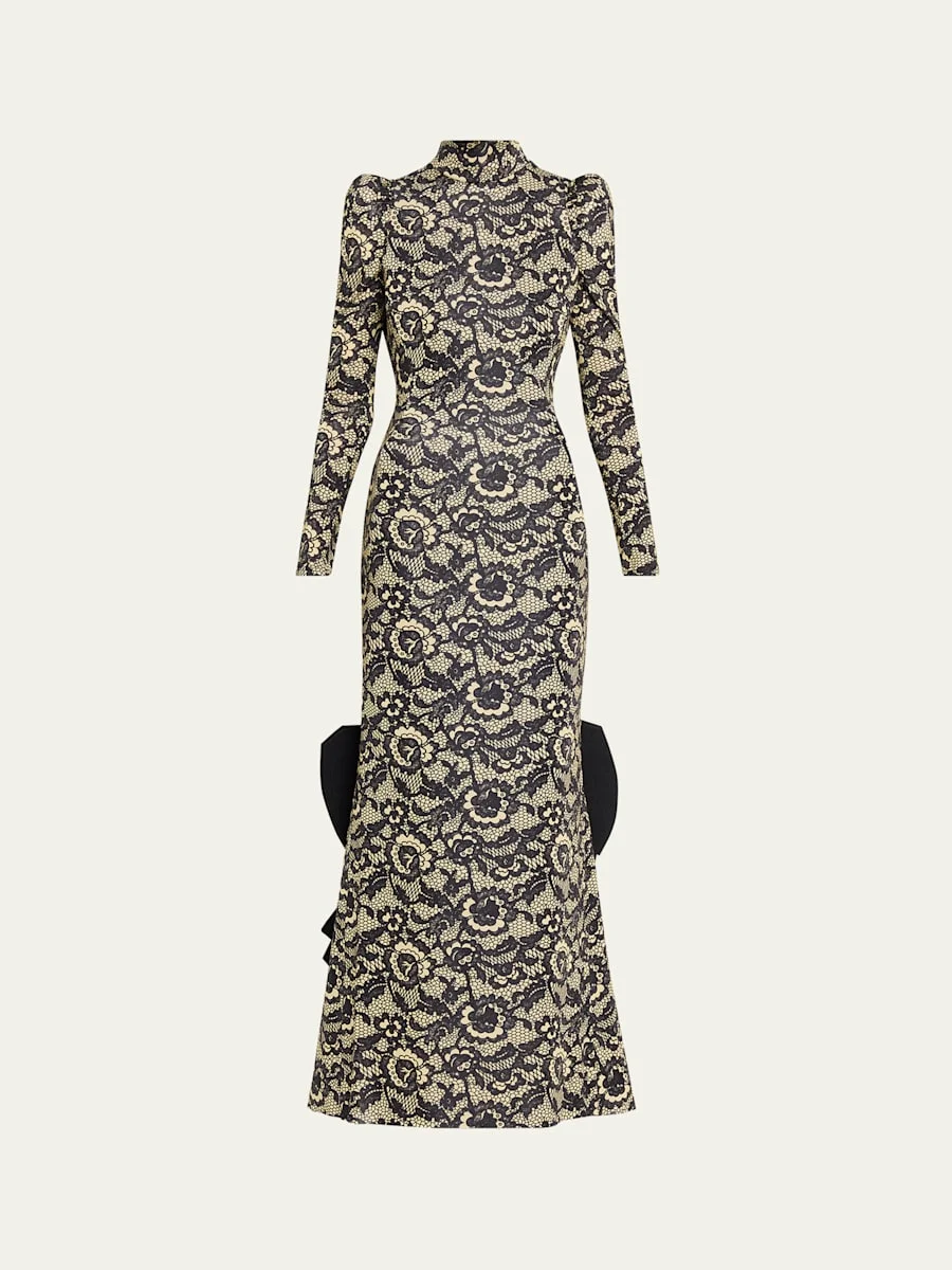 Lace-Print Sculptural Long-Sleeve Bow Trumpet Gown - 1