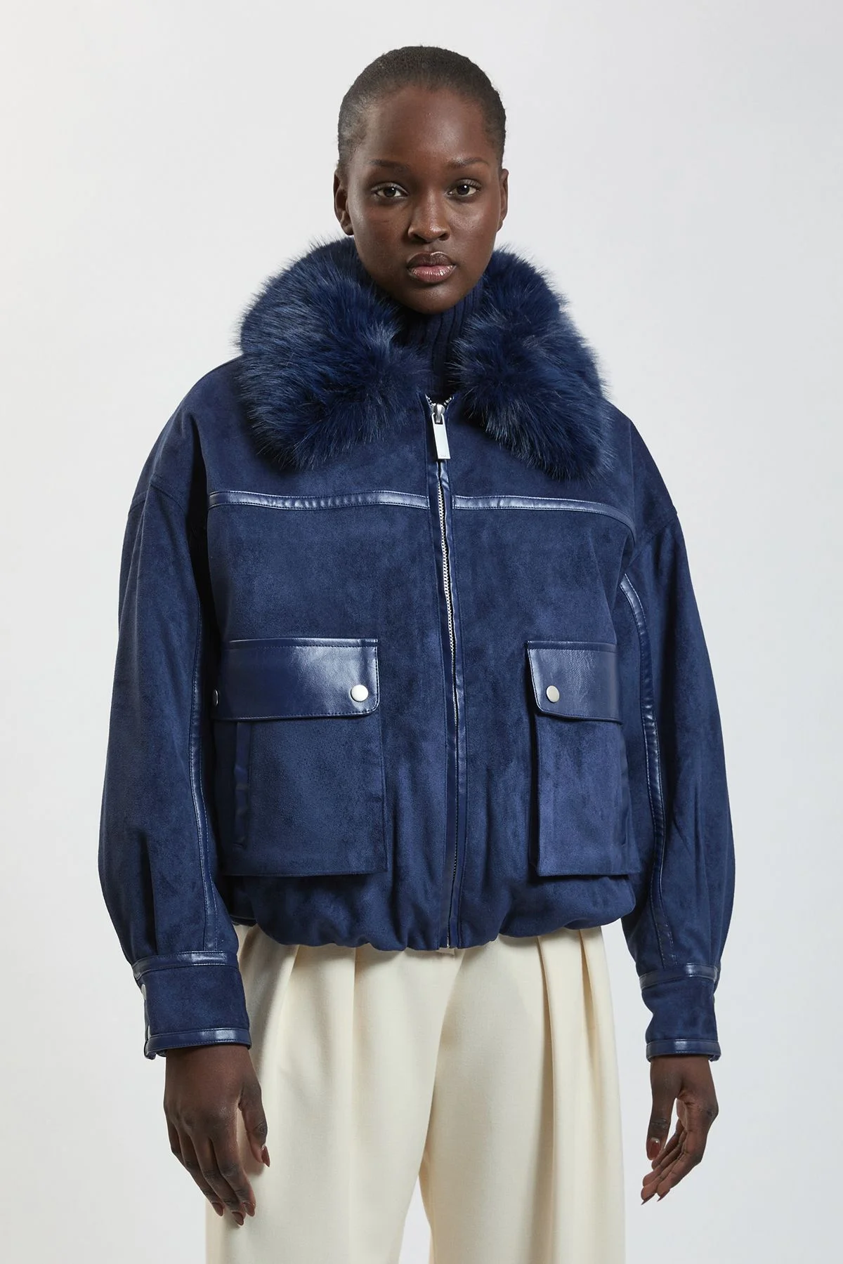 Faux Leather Mix Short Bomber Jacket - 1